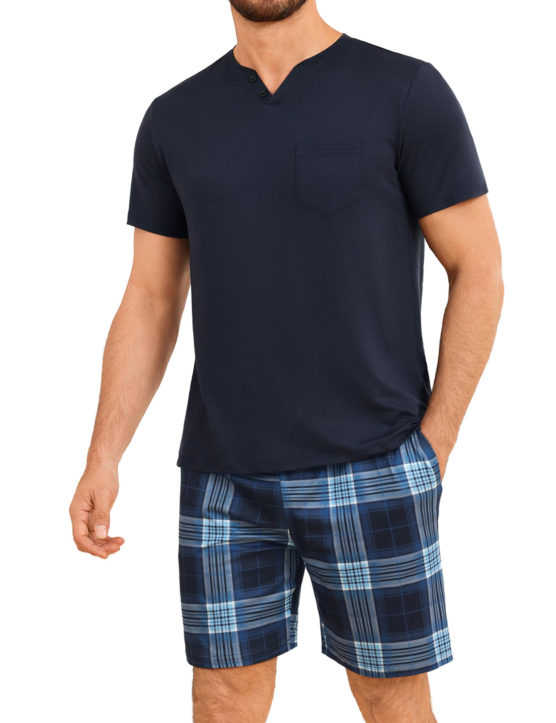 Leversic Zweiteiliger Schlafanzug Herren Kurz Baumwolle mit Karierter V-Ausschnitt, Shorty Pyjama Herren Set Sommer Nachtwäsche Pajamas for Männer