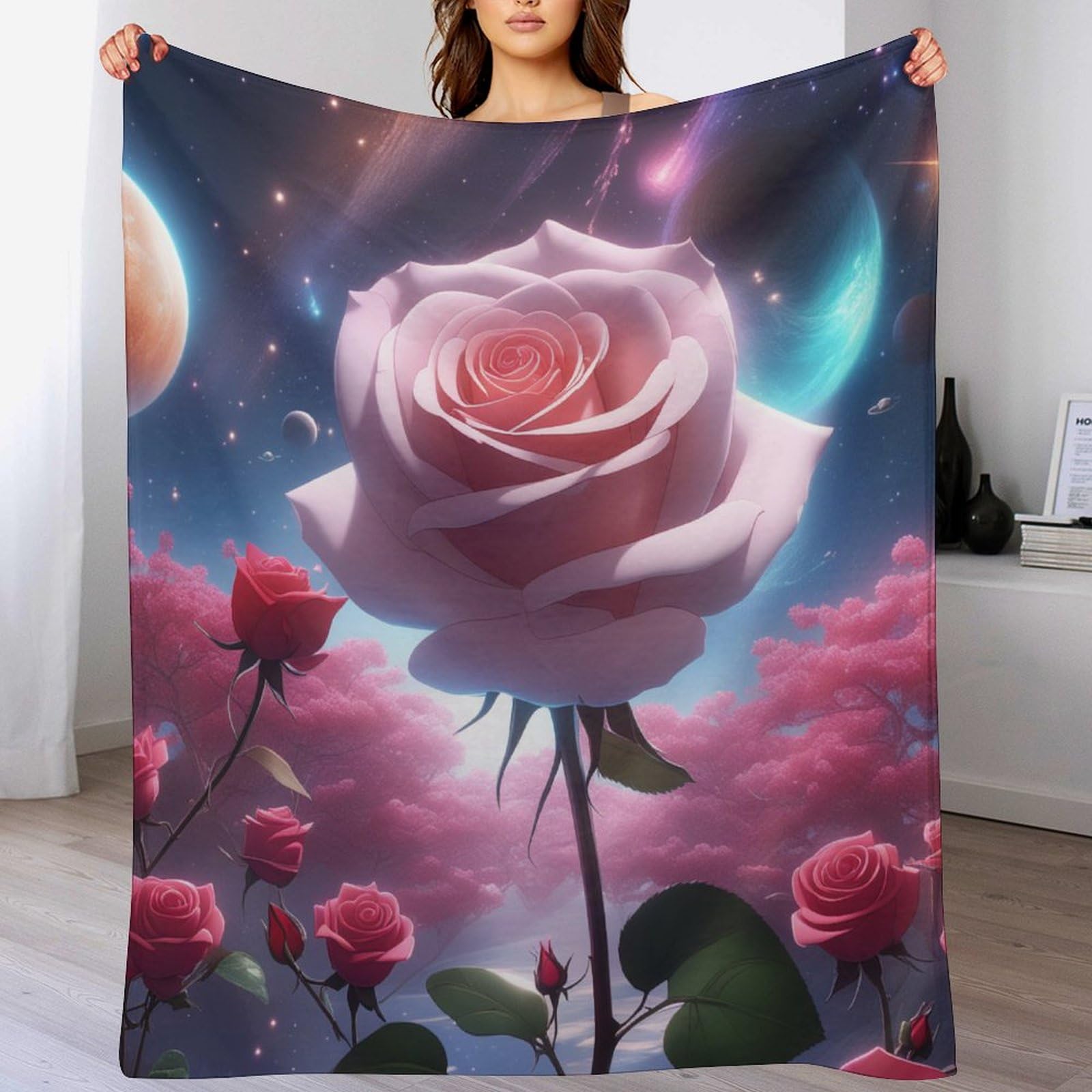 Couverture lit ciel étoilé rose plaid flanelle chaud résistant aux rides pour nuits fraîches