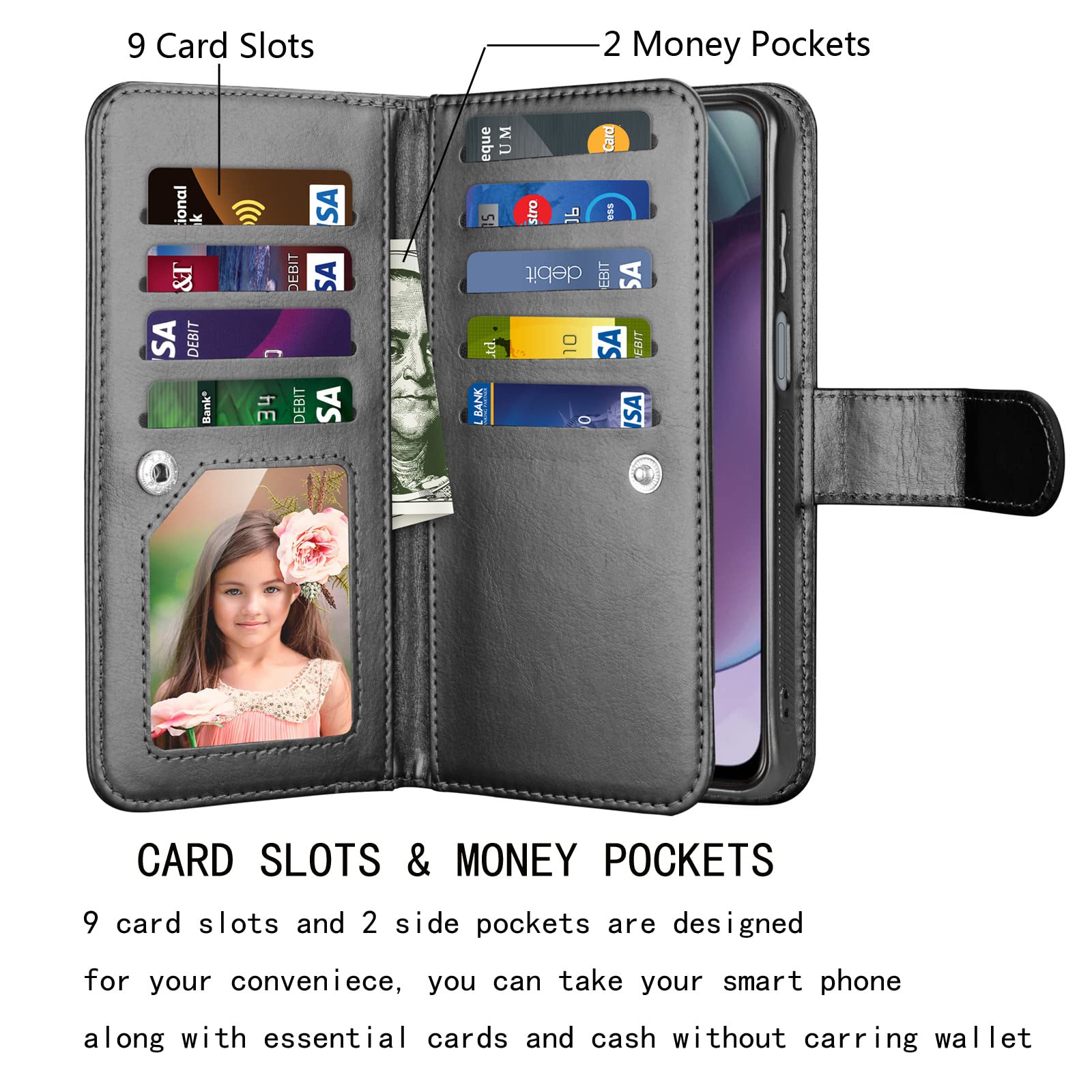 NJJEX Wallet Case for Motorola Moto G Stylus 2024 5G, for Moto G Stylus 2024 5G Case, [9 Card Slots] PU Leather Credit Holder Folio Flip [Detachable] Kickstand Magnetic Phone Cover & Lanyard [Black]