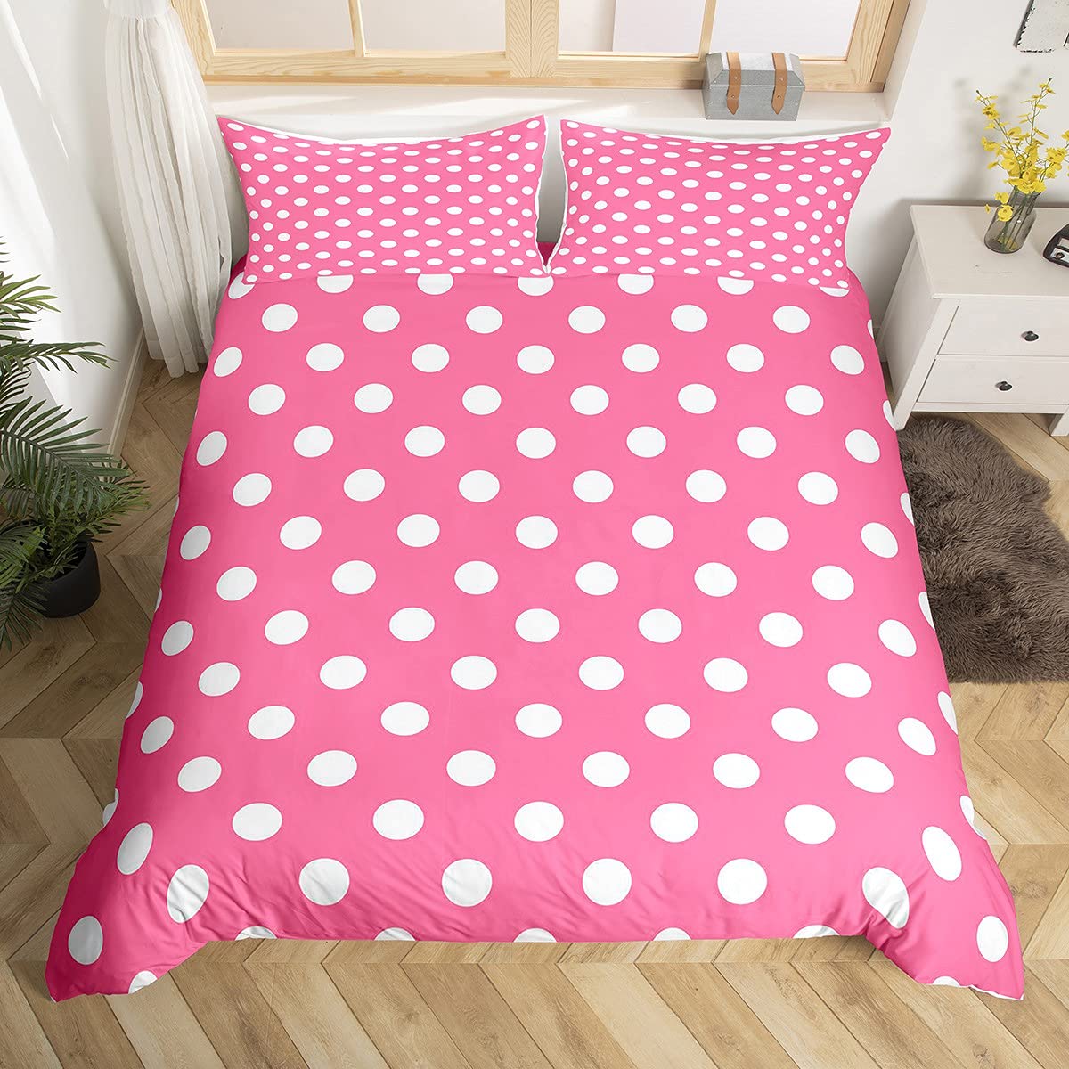 Loussiesd Girls Pink Duvet Cover Girly Rose Red Polka Dots Bedding & Linen Kawaii Geometric Circle Bedding Set For Kids Teens Bedding & Linen Ultra Soft Super King Bedclothes Zipper — image 1
