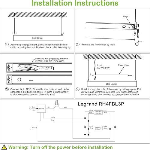 Miniatura 6 de hykolity Luz lineal LED enlazable, 4 pies regulable, 40 W 4800 lm 3 CCT seleccionables, conexión sin costuras, lámpara LED suspendida para el hogar,