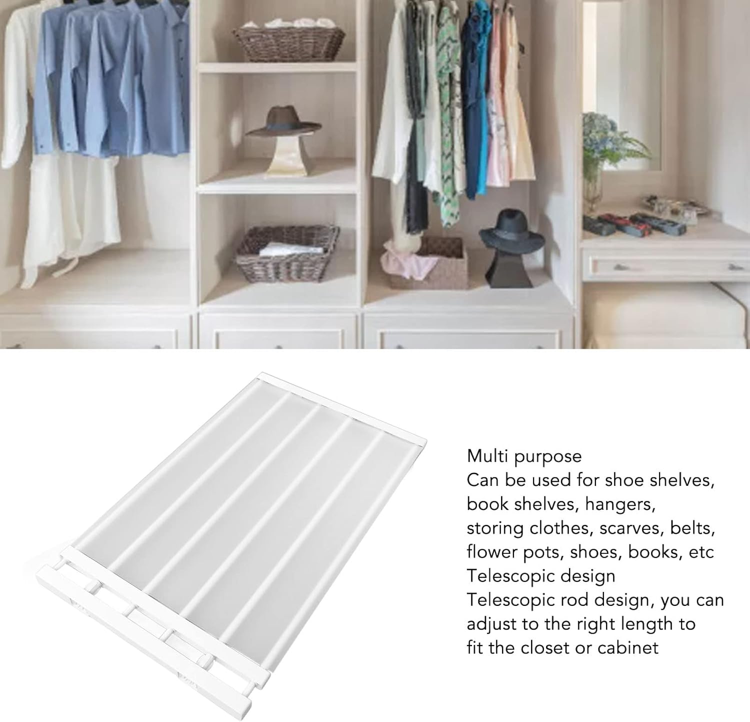 Expandable Closet Tension Shelf Rod, Metal Expandable Shelf Organizer, Closet Tension Shelf & Rod, Adjustable Closet Shelves Closet Shelf Rack for Cabinet Wardrobe (75‑120cm /