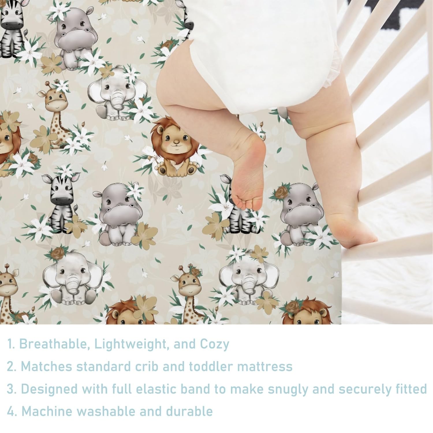 Baby African Jungle Safari Animals Flowers Baby Crib Sheets 52''x28'' Lion Zebra Elephant Hippo Giraffe Fitted Crib Mattress Cover for Boy Girl Bed Sheet for Standard Crib Toddler Mattresses