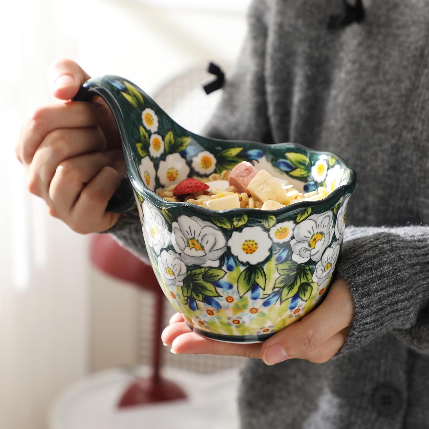 ALMA 2025 Updated 18oz Soup Bowl Microwave Safe,Floral Green Soup Bowl with Loop Handle,Unique Cereal Bowl for Soup,Yogurt,Snack,Chip,Stew,Ice cream-Country Jasmine Theme