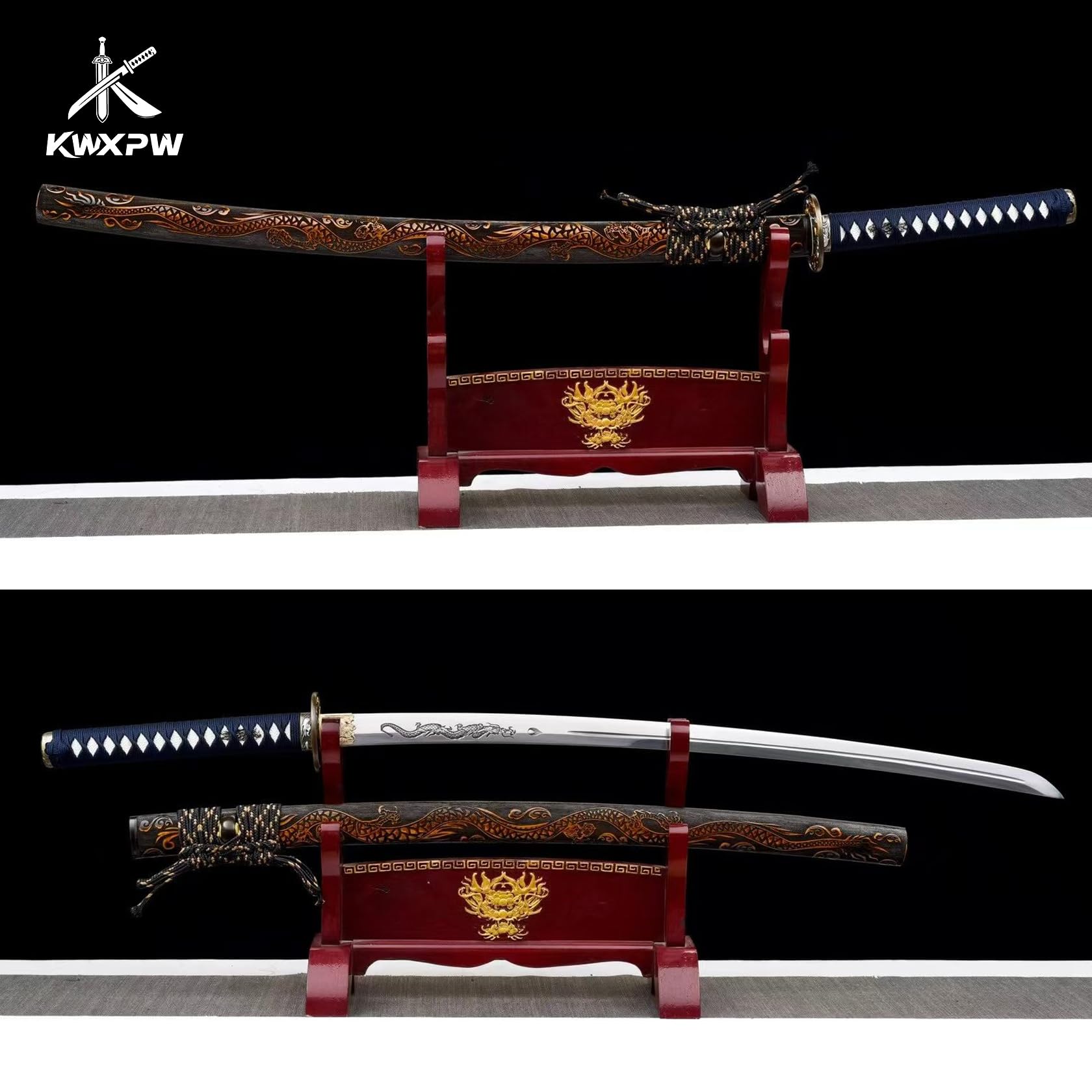103cm Japanisches Katana-Schwert,Federstahl Samurai-Schwert,Holz Saya mit Gravur,handgefertigt traditionelles Samuraischwert für Display,Cosplay,Requisiten,Geschenke,Training