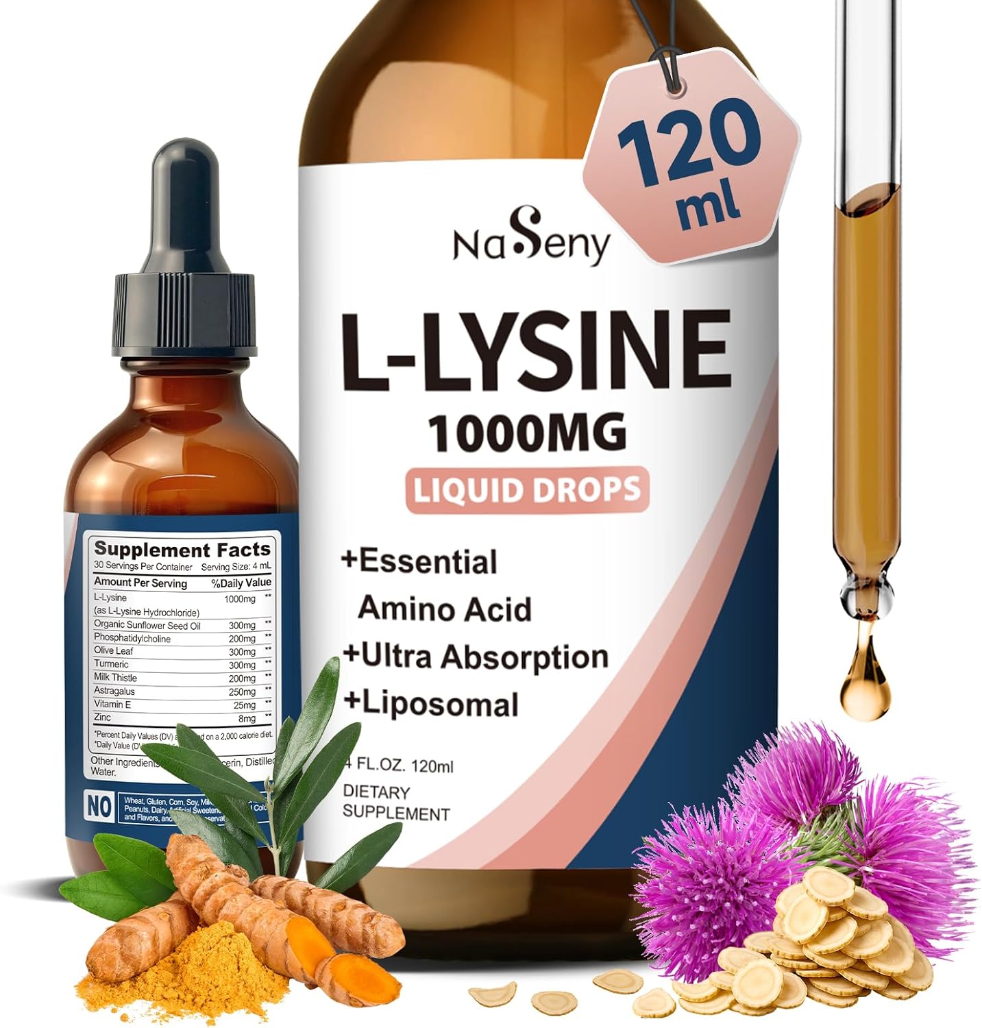 L-Lysine Liquid Drops, Liquid Lysine 1000mg Supplement Essential Amino Acid Supplement for Lips & Oral Health & Collagen Formation Support, Lysine Drops with Vitamin E & Zinc for Adults, 4 Fl oz