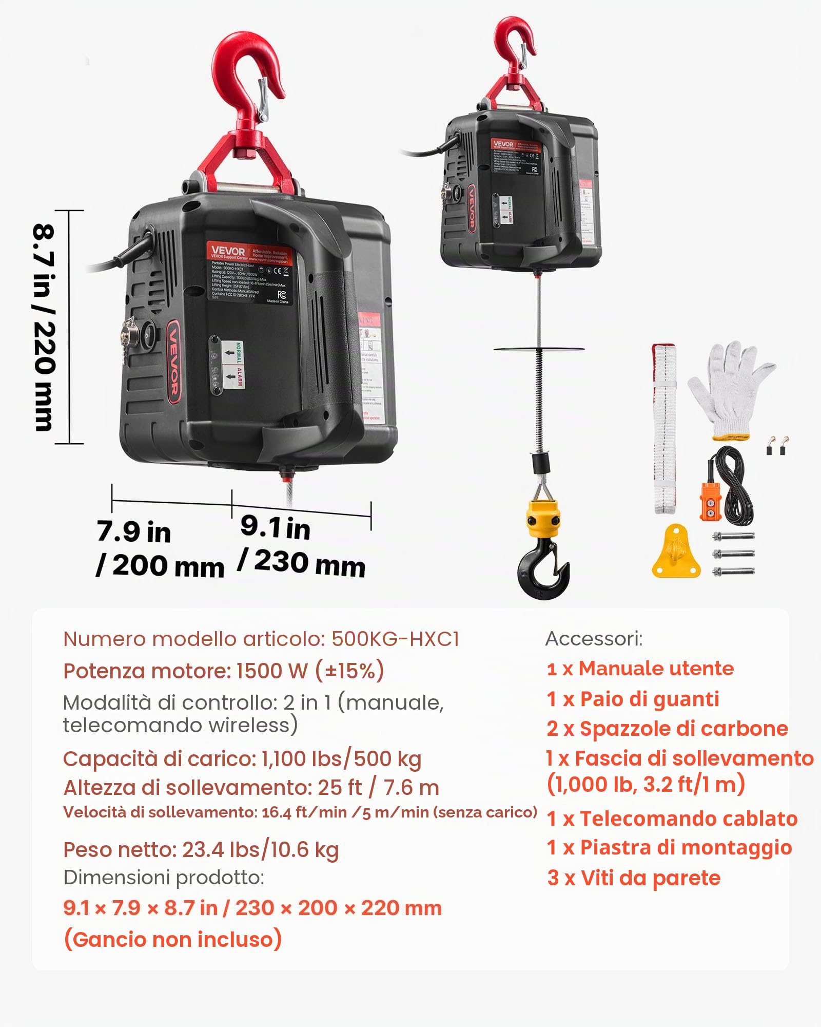 VEVOR Paranco Verricello Elettrico per Sollevamento di Carico Capacità max. 500 kg, Gru Portatile con Argano da 1500 W, Altezza di Sollevamento 7,6 m, Paranco Manuale Telecomandato Cablato