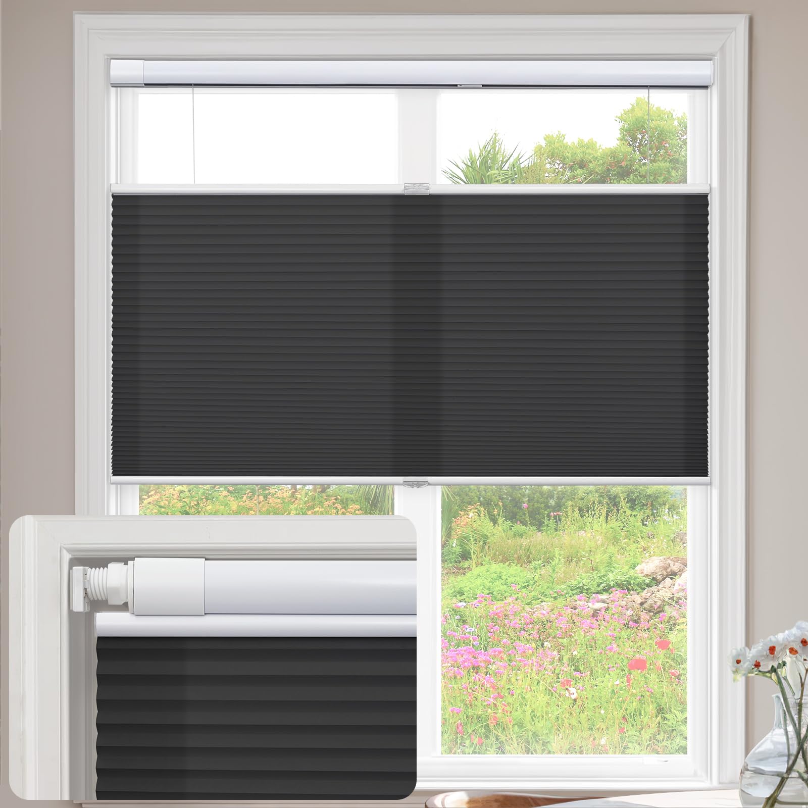 Keego No Drill Cordless Cellular Blinds for Window, No Tool No Drill Pleated Shades Top-down Bottom-up Blind Honeycomb Shade for Home Office (Light Filtering - Black, Custom Sizes)