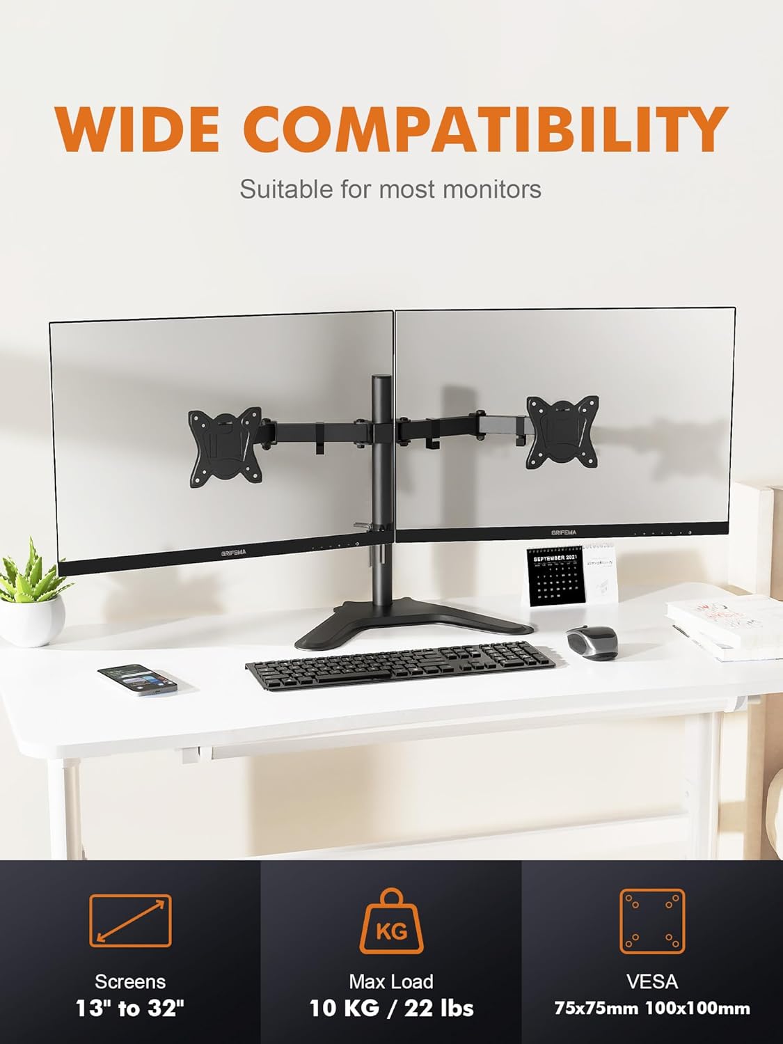 GRIFEMA Two Monitor Stand for 13-32'' LED/LCD Inch, Support 2 Monitors, Monitor Arm Height Adjustable, Tilt, Rotate, Rotate, Cable Management, up to 10 kg, VESA 75/100 mm