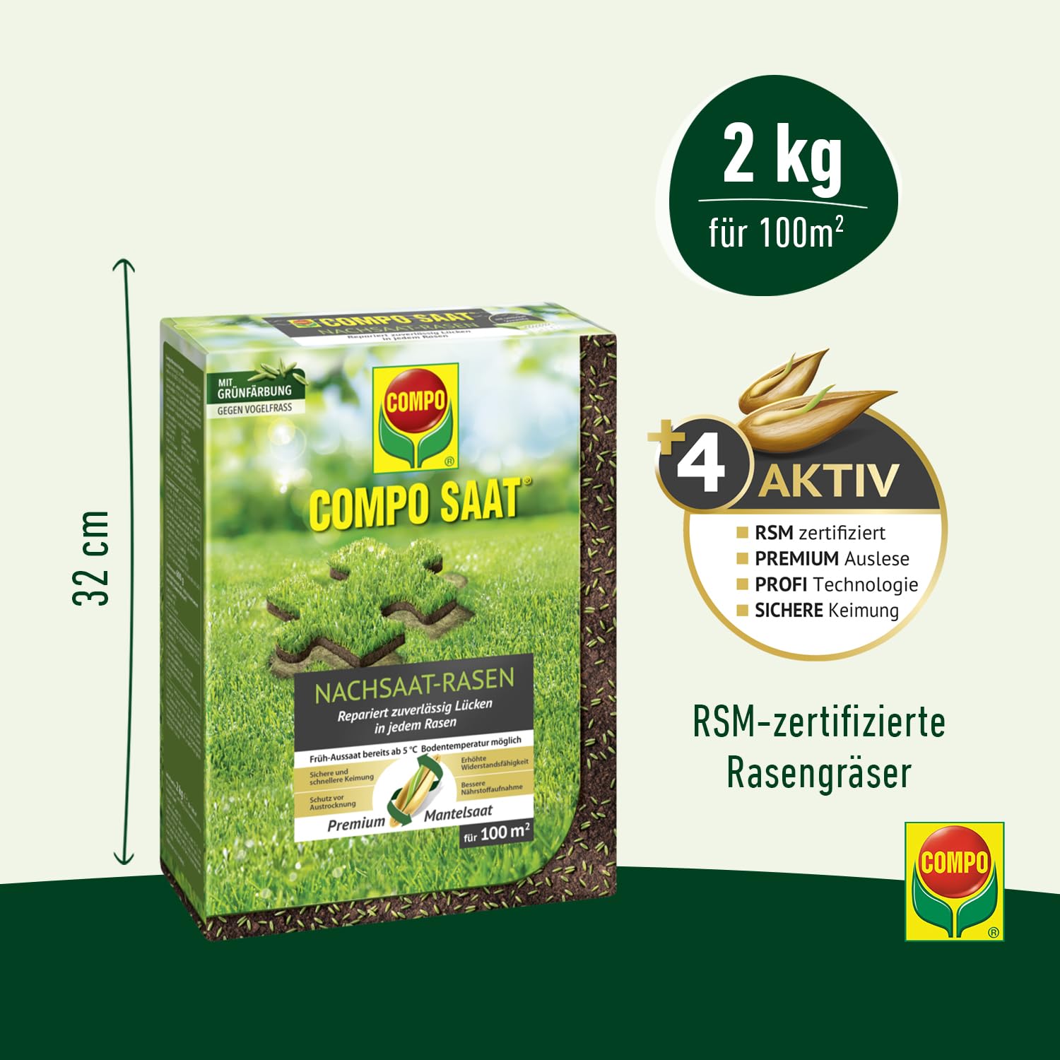 COMPO SAAT Nachsaat-Rasen - für Lücken und kahle Stellen - zuverlässiger Nachsaatrasen - hochwertige Saatgutmischung mit Premium-Mantelsaat - 2 kg für 100 m²