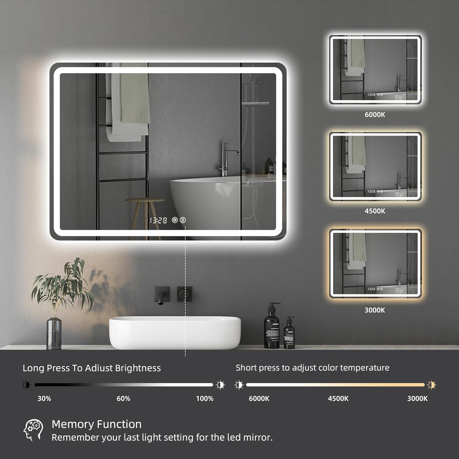 LED Bathroom Mirror, 36 x 28 Inch Bathroom Mirrors for Over Sink, Smart Mirror with Time Temperature Display, Anti-Fog, Dimmable, Memory Function, 3 Colors Smart Bathroom Mirror, Front and Backlit