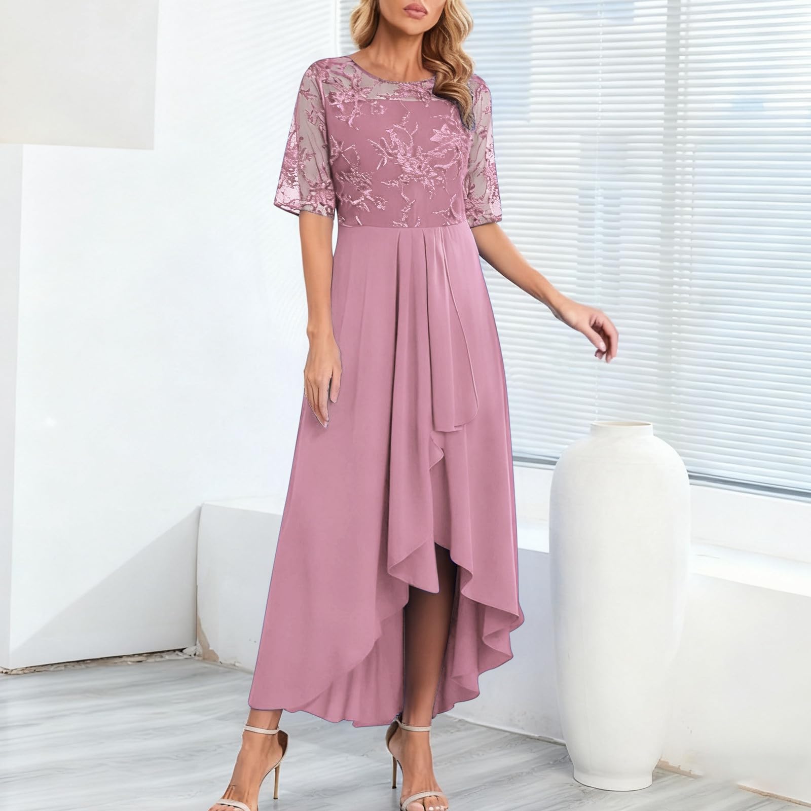 Générique Robe Cocktail Femme - Robe De Cocktail Élégante en Mousseline Fluide Et Dentelle Ajourée pour Les Soirées Et Les Occasions Formelles