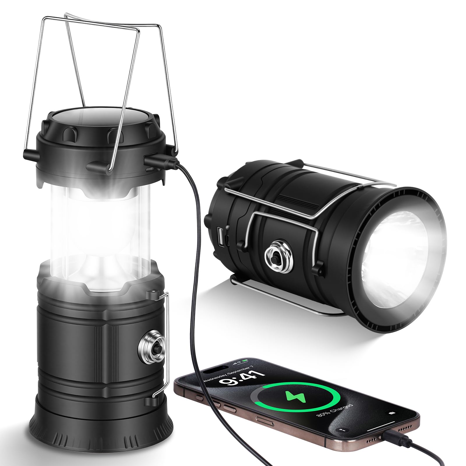 HOTUT LED Campinglampe Solar, Aufladbar Camping Laterne, Faltbare Wasserdicht Camping Licht mit Haken, USB und Solar Laden Notfallleuchte für Wandern, Angeln, SOS, Ausfälle