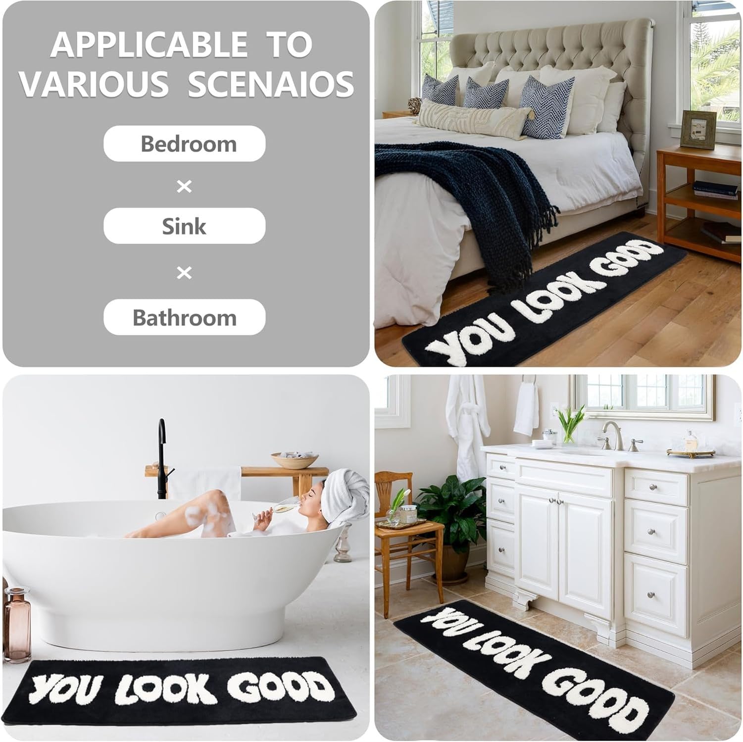 Alfombra Larga antideslizante para baño, decoración divertida para suelo de bañera, dormitorio y ducha, diseño Moderno, 50 x 150 cm, Nero-, 51x152 cm (Irregolare)