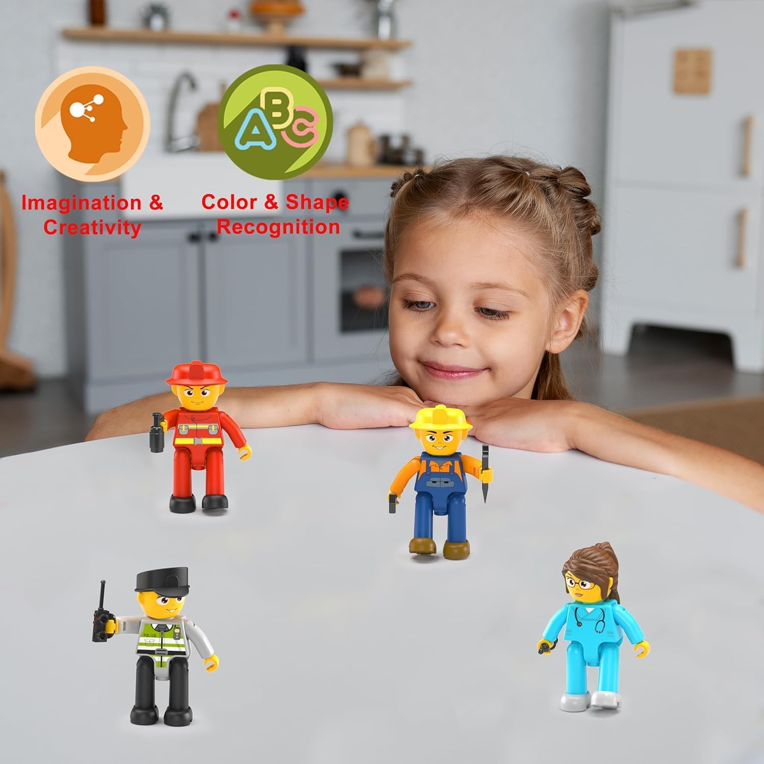 Picasso Toys Magnetic Character Action Figures 4 Piece for Building Block Tile Toddler Toy Set Magnet Expansion Pack Age 3 and up Fireman, Nurse, Police, Constructions Learning Pretend Playset PTA17