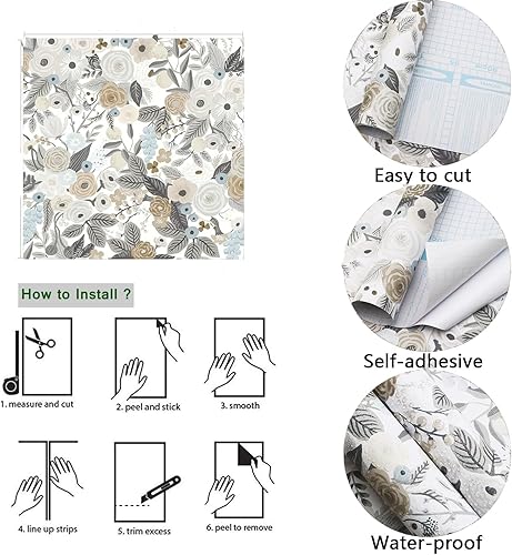 Miniatura 2 de Ismoon Papel tapiz floral de 15.6 x 78.7 pulgadas, autoadhesivo, extraíble, papel de contacto de acuarela para gabinetes, estantes, encimeras, rollo