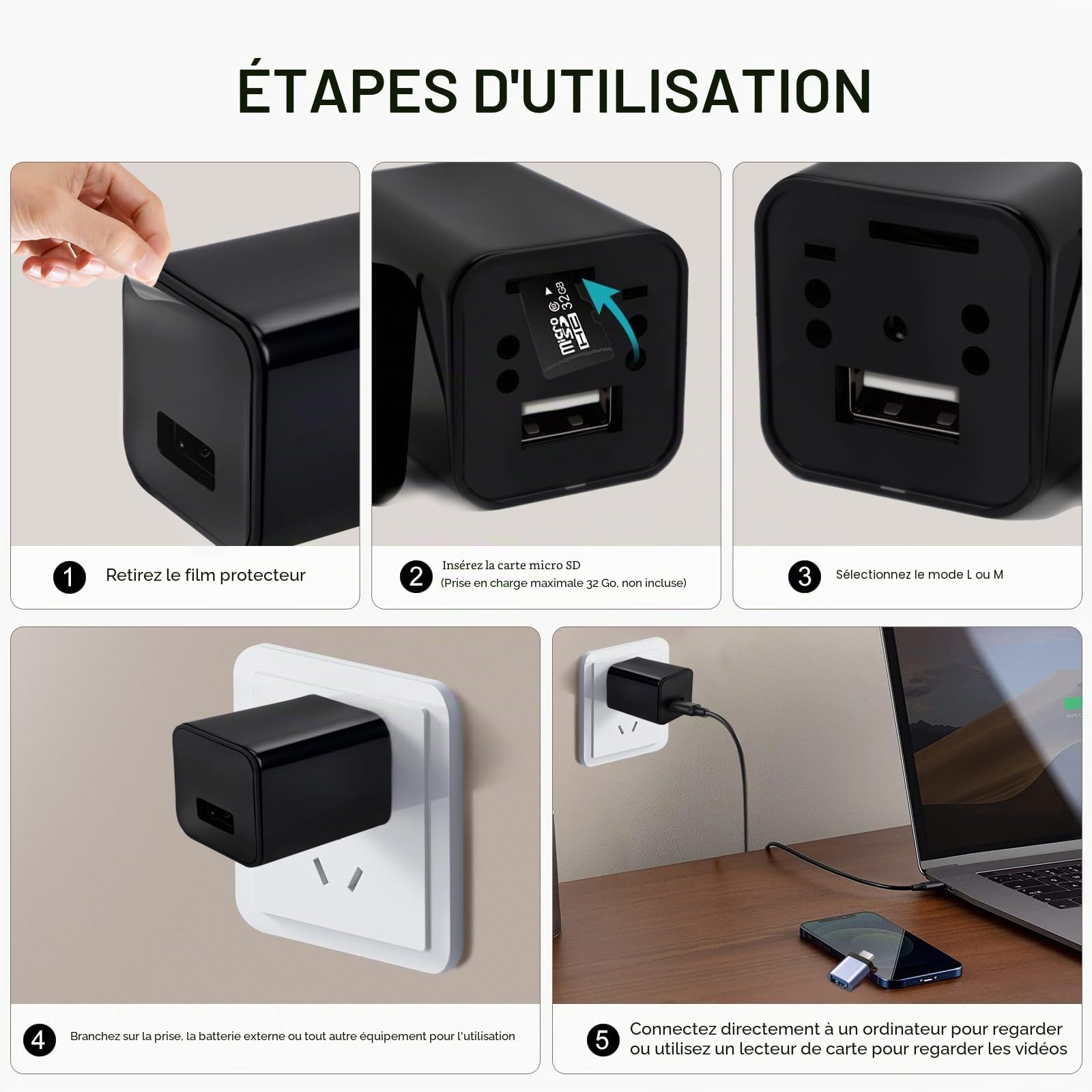 Caméra de Chargeur, Mini Caméras 1080P Nanny Cam Enregistreur Vidéo avec Détecteur de Mouvement - Caméras de Sécurité pour la Maison, le Bureau