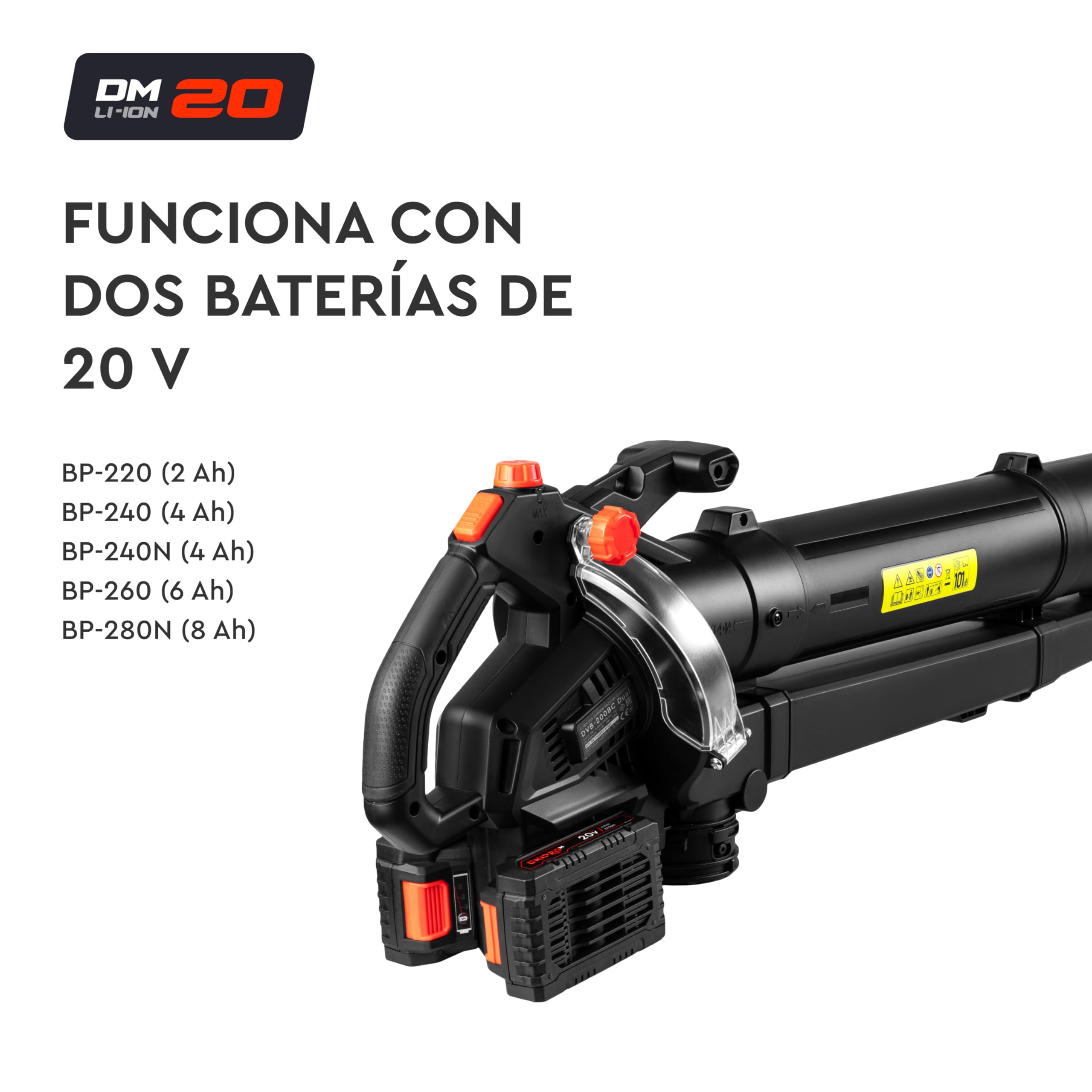 Aspirador Soplador de Jardín Inalámbrico DVB-200BC Dual 20V Brushless - Aspirador, Soplador y Triturador de Hojas 15:1-2 Baterías 4Ah y Cargador Dual - Bolsa 45L - por Dnipro-M
