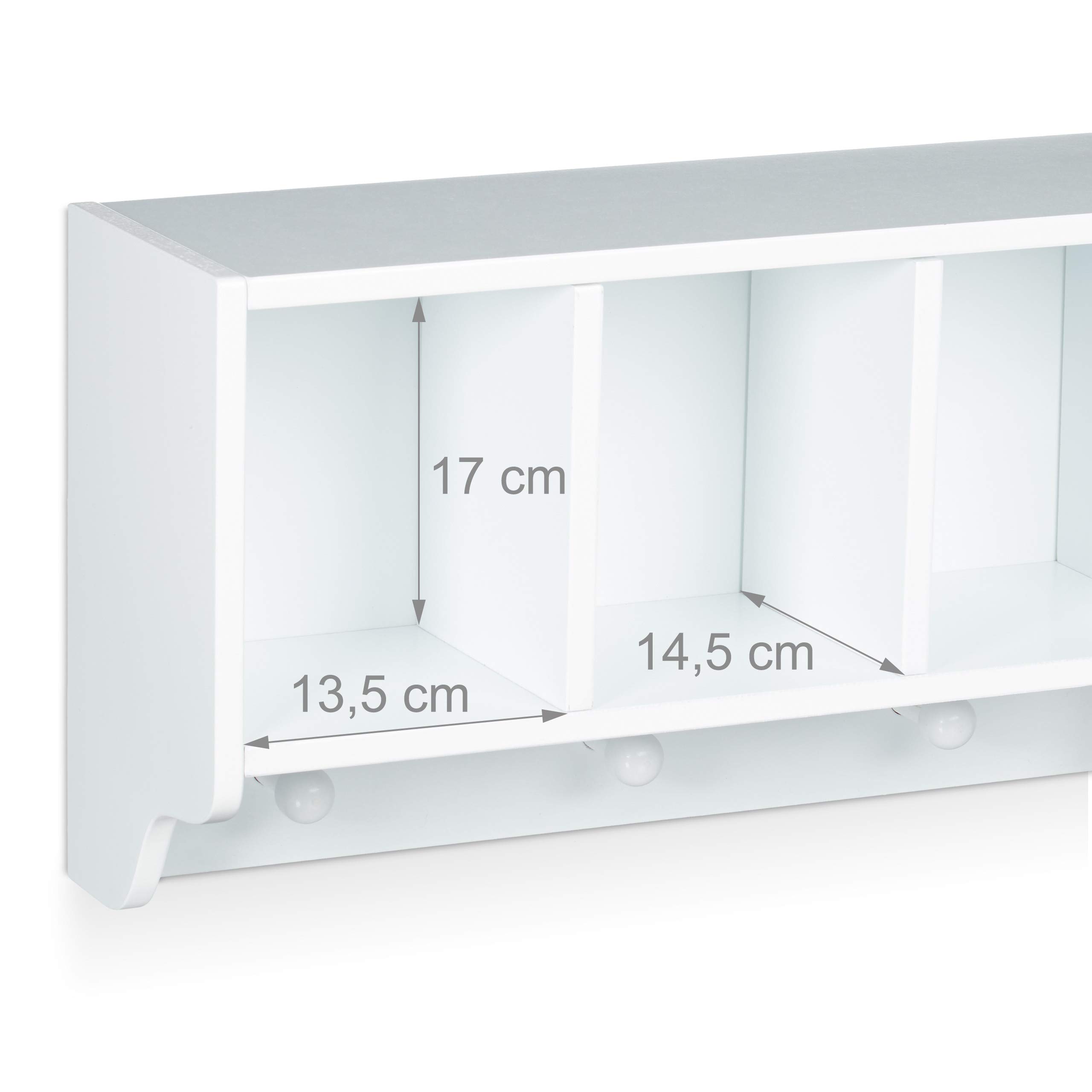 Relaxdays Kinder Wandregal ALBUS, 4 Kleiderhaken, Kinderregal mit 4 bunten Faltboxen, HBT: ca. 28 x 61 x 16 cm, weiß