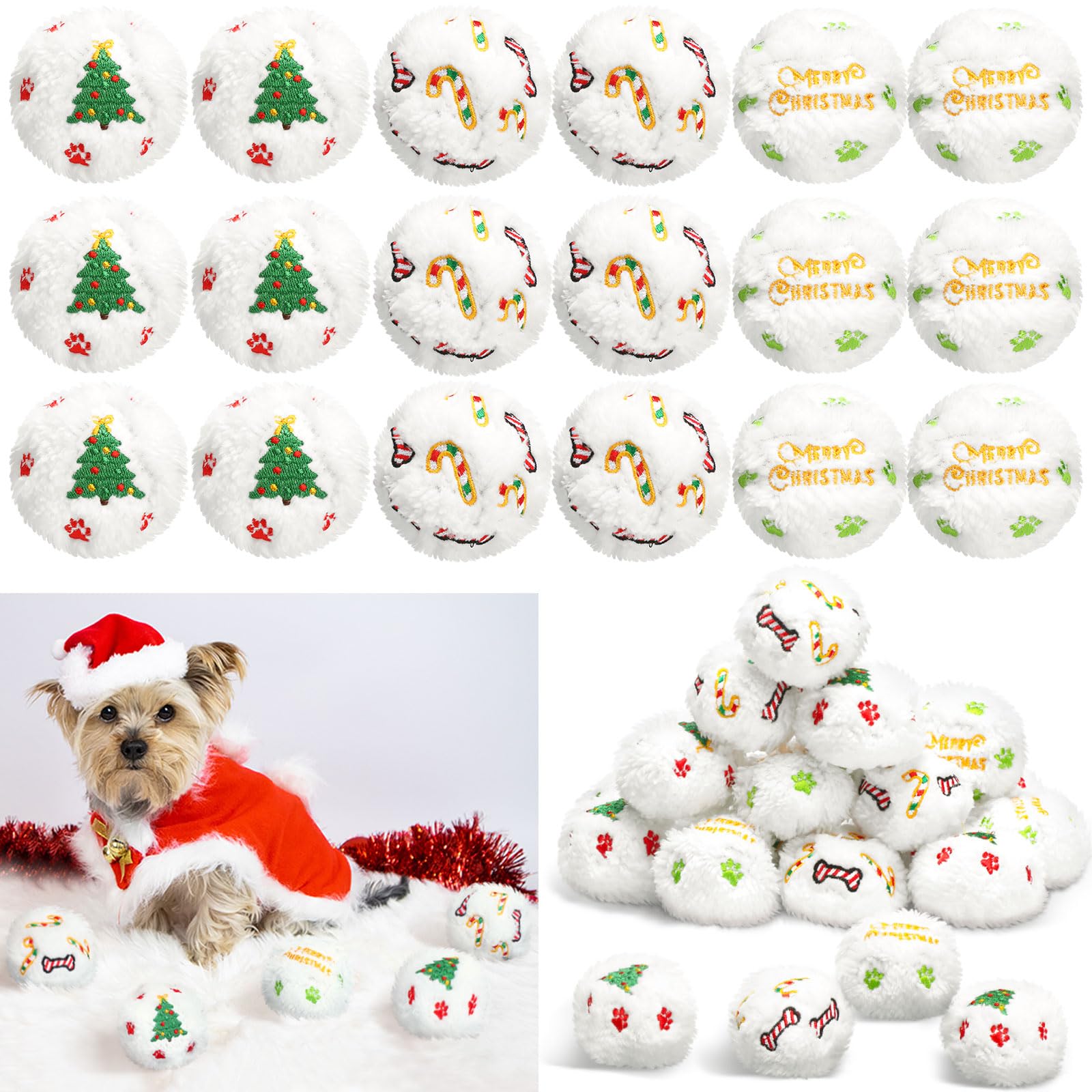 Syhood 60 Pcs Christmas Snowball Dog Toys Squeaky Snowball Fight Plush Toys for Dogs Snow Balls Xmas Indoor Outdoor Santa Elk Snowballs for Small & Middle Dogs Pet Chew Toys Gifts for Pets(Dog Paw)