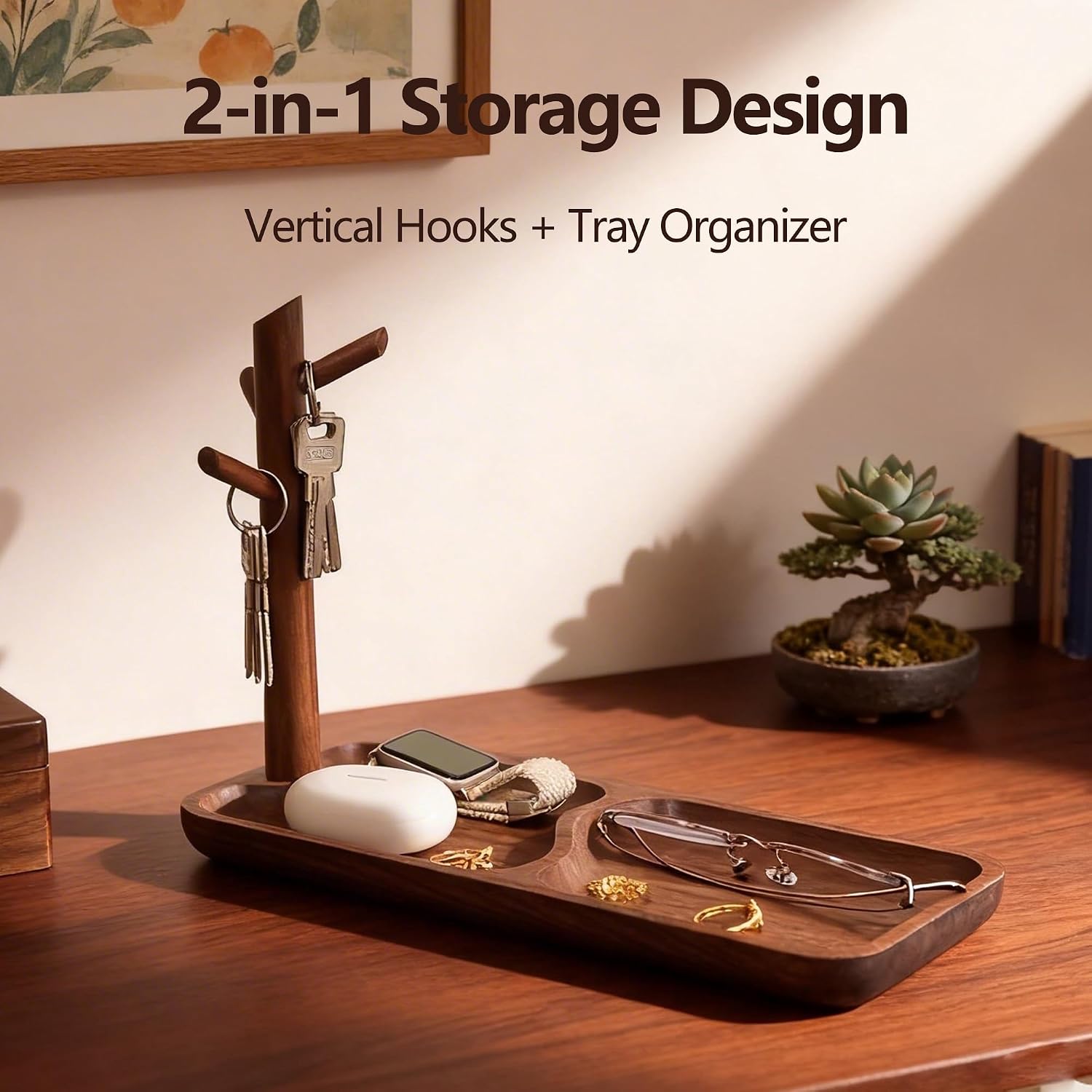 Solid Black Walnut Wooden Key Tray, Multi-Functional Key Bowl for Entryway Table, Key Holder Stand equipped with 3 Hooks, Wood Dish for Wallet,Watch,Mobile Phone and Jewelry Organizer