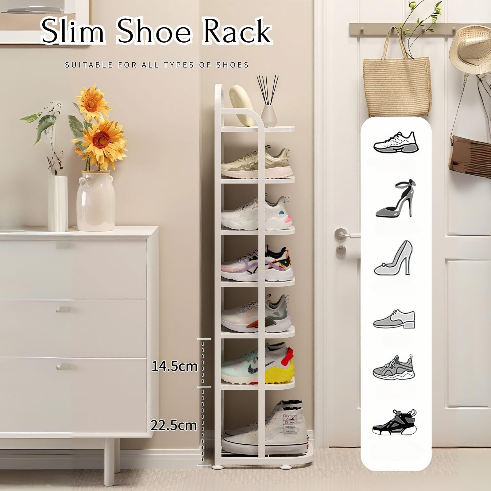 Scarpiera alta sottile, in metallo, a 5 ripiani, per ingresso, elegante zapatero bianco per casa, corridoio e armadio, design salvaspazio (79 cm)