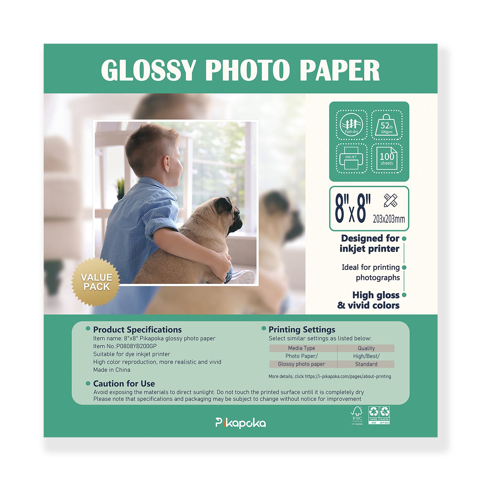 Fotopapier, glänzend, 23,6 kg, quadratisches Fotopapier für Farbstoff-Tintenstrahldrucker, 200 g/m², 100 Stück