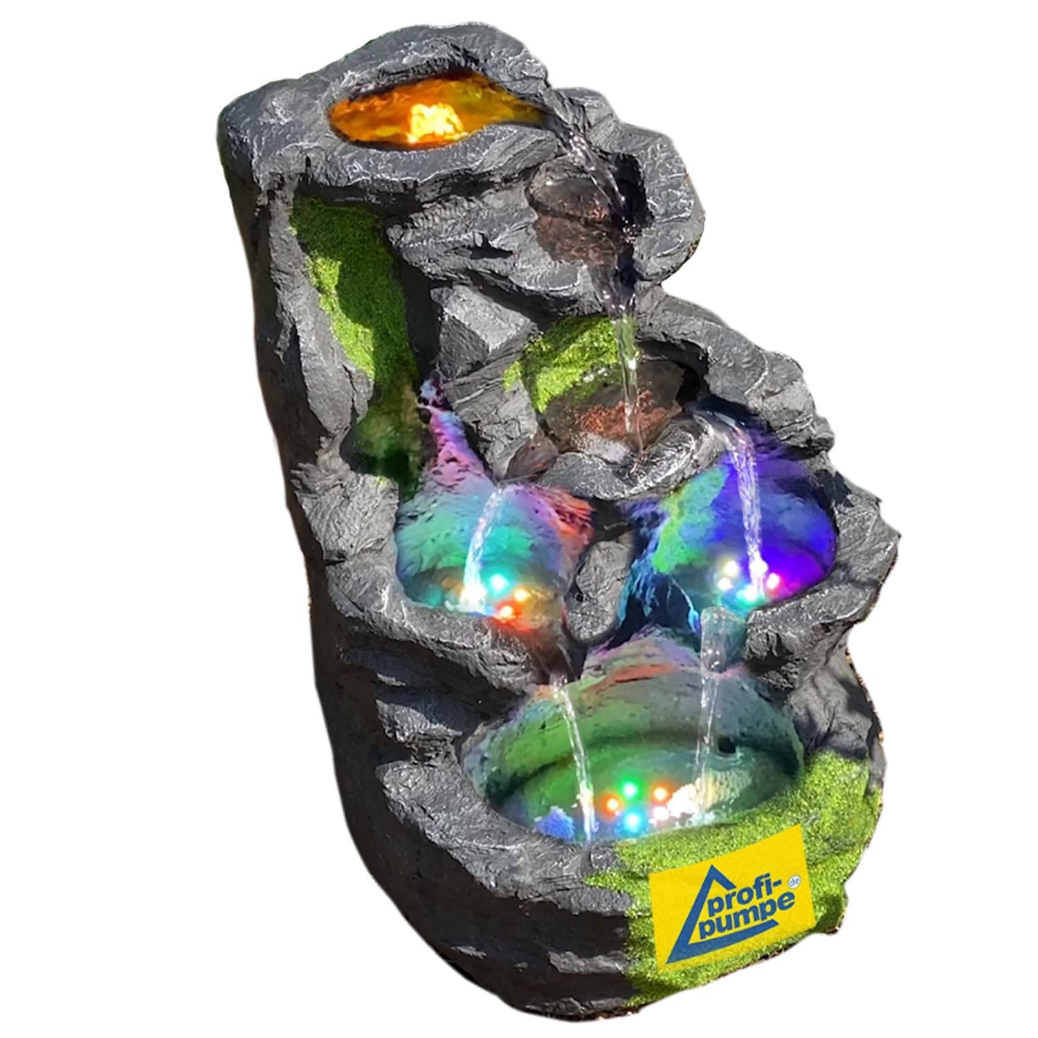 Gartenbrunnen Zierbrunnen Fels-Kaskade mit RGB Licht 230V für Garten, Gartenteich, Terrasse, Balkon