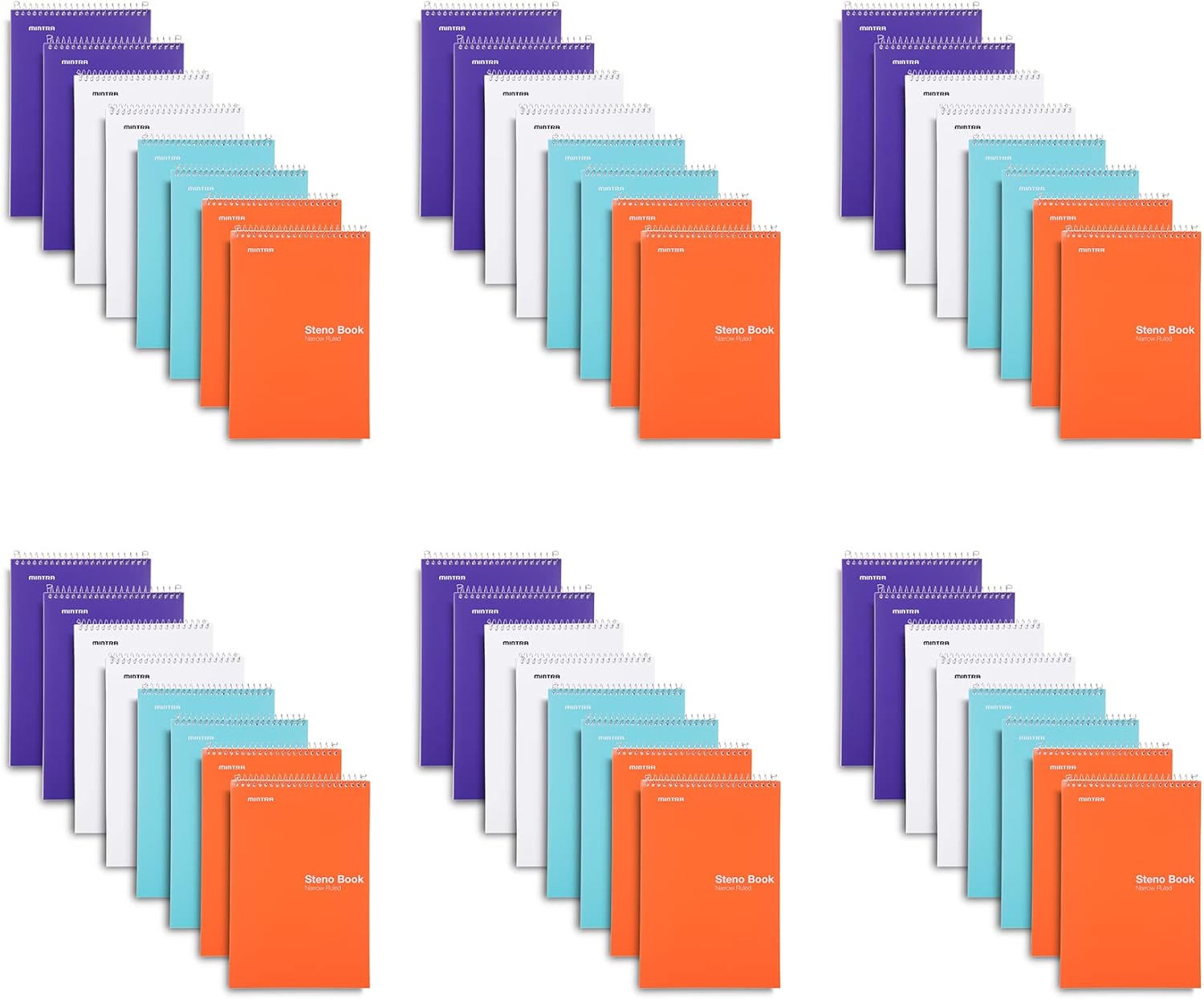 Mintra Office Steno Books Set - Top-Spiral Bound, Narrow Ruled, White Sheets, Poly Pastel Color Covered Notebooks for Office, Professional, School & Work, Note-taking, Writing Pads, 6"x9", 48 Pack