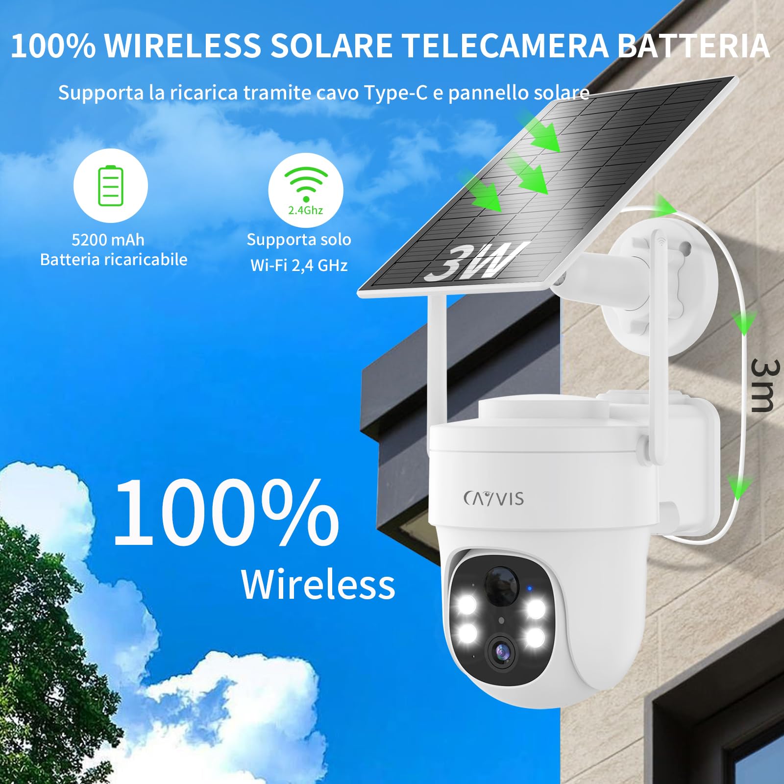 Telecamera Wi-Fi Esterno Senza Fili, 2K 3MP Videocamera Sorveglianza Esternocon Pannello Solare e Batteria, Visione Notturna a Colori,Rilevamento Umano PIR, 2 Vie Audio,Alexa (1, Bianco, N)