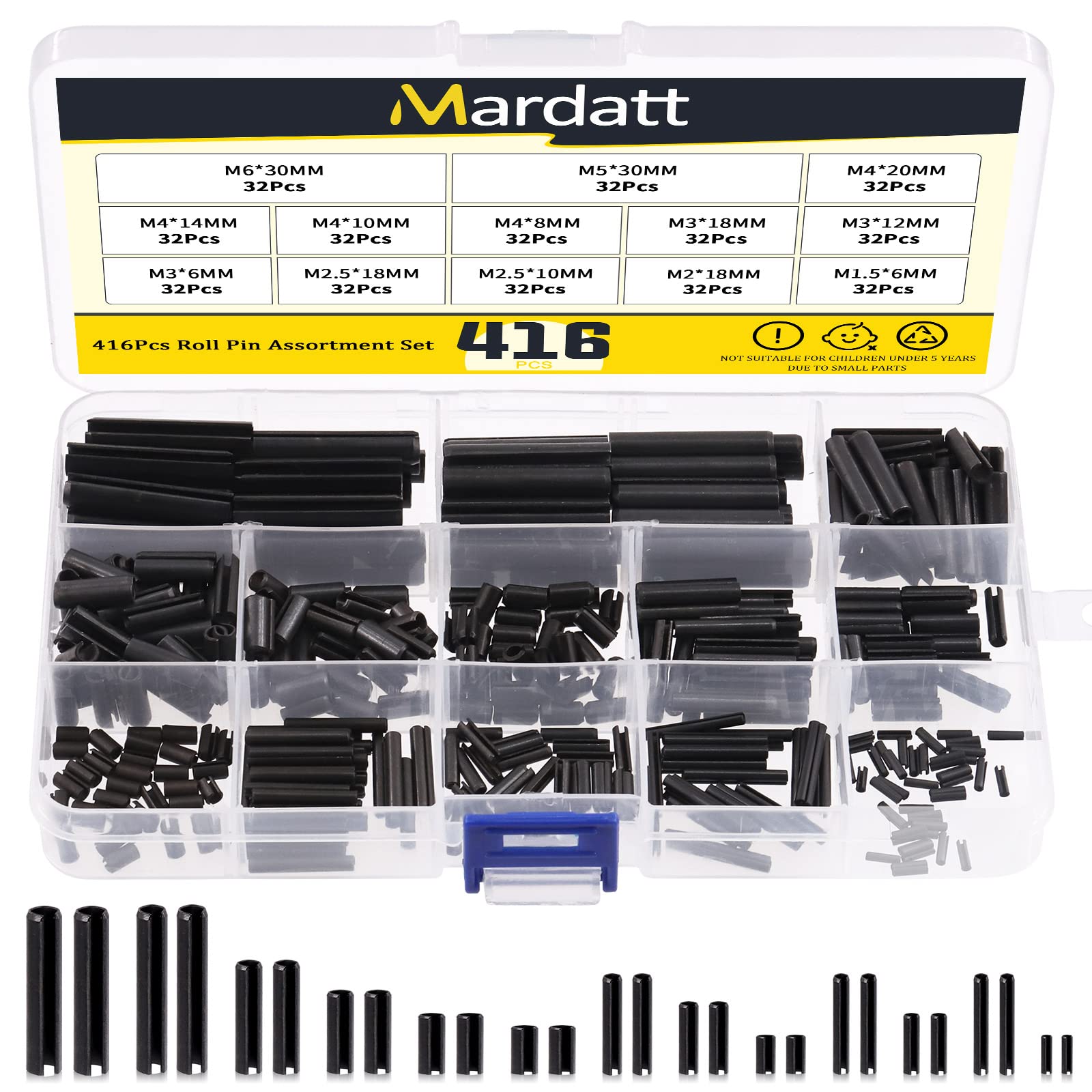 Mardatt 416 Pcs 13 Types Roll Pin Assortment Set M1.5 M2 M2.5 M3 M4 M5 M6 Slotted Spring Steel Pins with Storage Case for Machine Projects