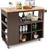 COSTWAY Large Kitchen Island on Wheels, Mobile Serving Trolley Cart with Rubber Wood Top, 4 Adjustable Shelves, Drawer, Spice Racks & Towel Rack, Utility Storage Cart for Kitchen Dining Room (Brown)