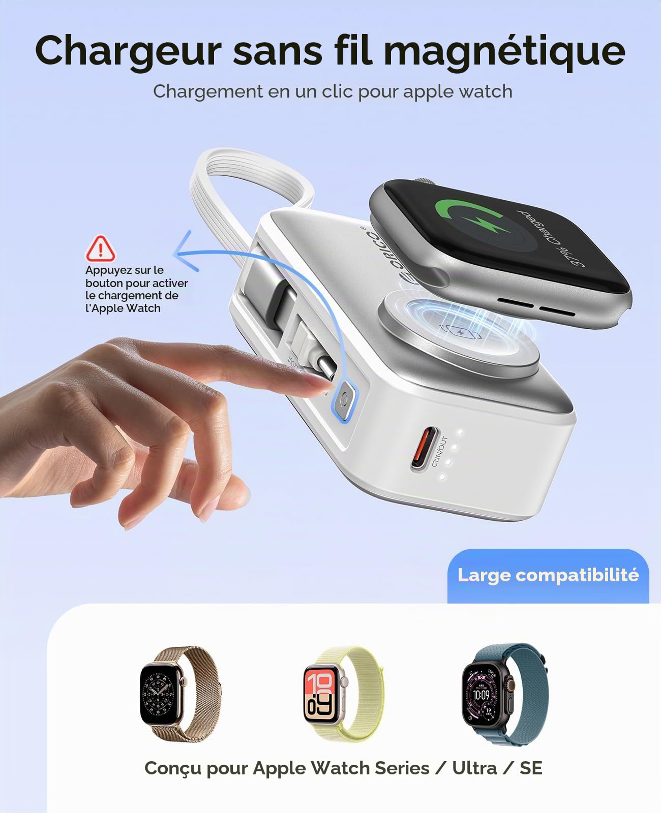 ORICO Mini Batterie Externe 5000mAh, Compatible avec Apple Watch et iPhone | Charge rapide PD 22,5W, connecteur USB-C pliable, câble USB‑C intégré, Blanc
