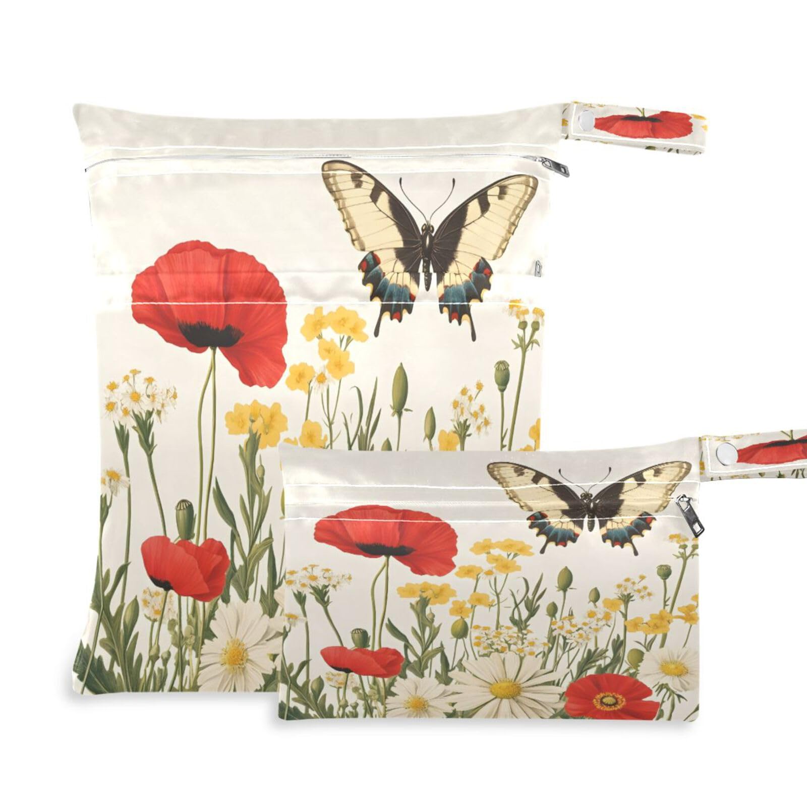 ATTX Butterflies and Wildflowers Wet Dry Bags 2-Pack - Reusable Cloth Diaper Storage for Travel, Beach & Gym | Multi-Use Waterproof Bags for Swimsuits, Baby Clothes, Sports Gear#290