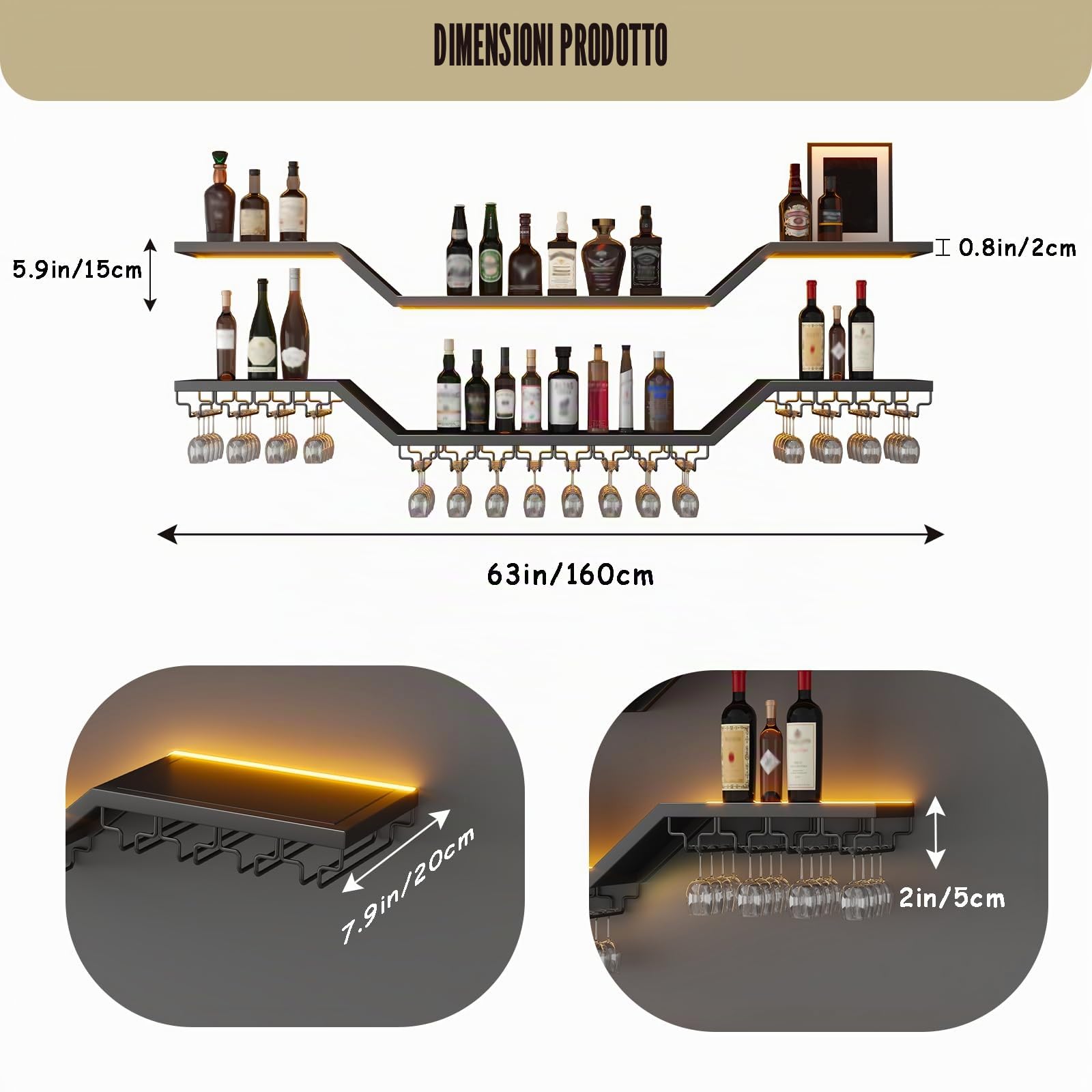160cm Espositore per vino moderno da parete in metallo, 3 Livelli Portabottiglie da parete con portabicchieri, porta vino con illuminazione a LED Parete Per Casa, Bar, Ristorante (nero, 160cm)