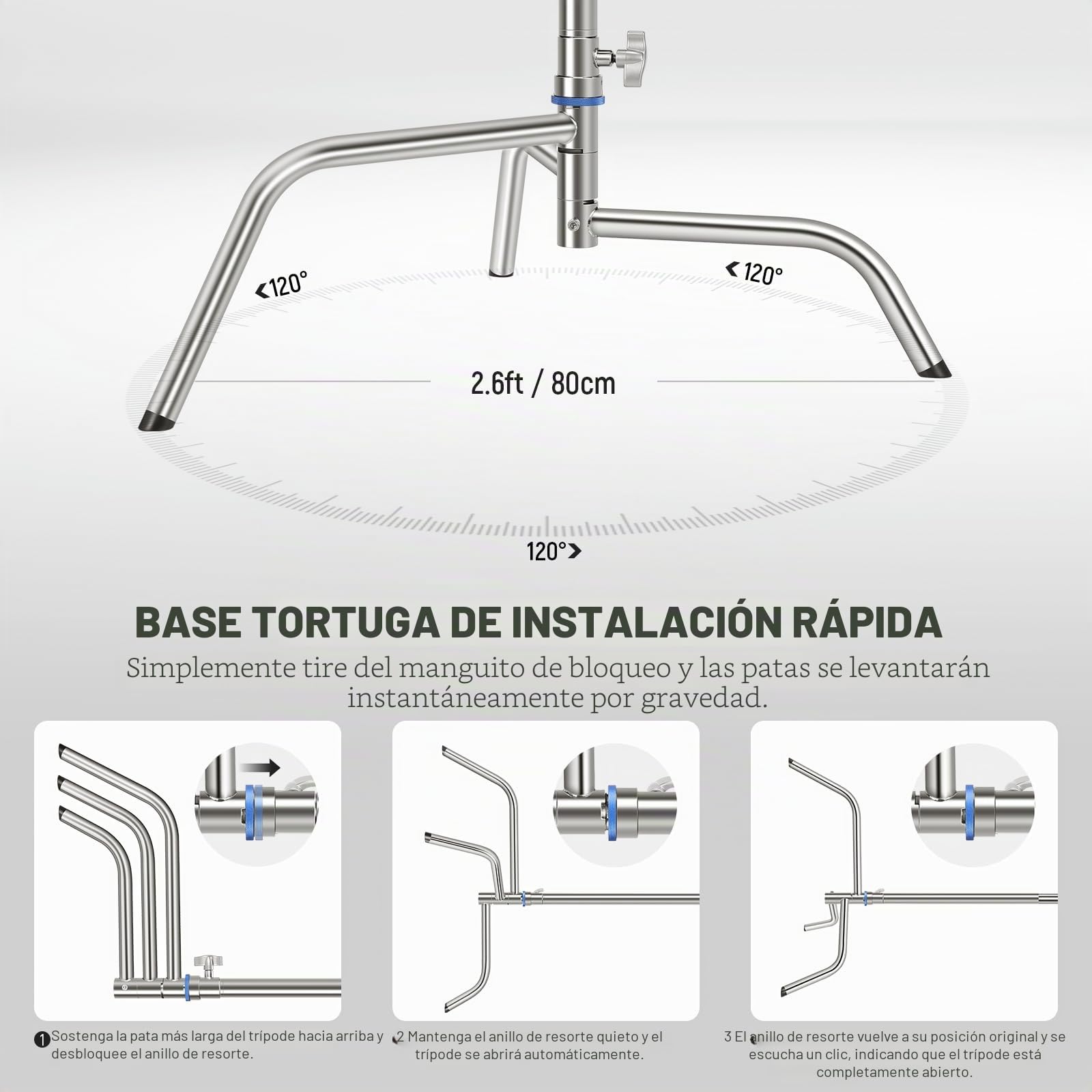 NEEWER Soporte C de Acero Inoxidable de 3,2m con Brazo de Pértigaa, Varilla Central más Gruesa, Carga Máxima 20kg, Fotografía Luz Soporte con Brazo de 1,27m para Monolight Softbox, SC320Q