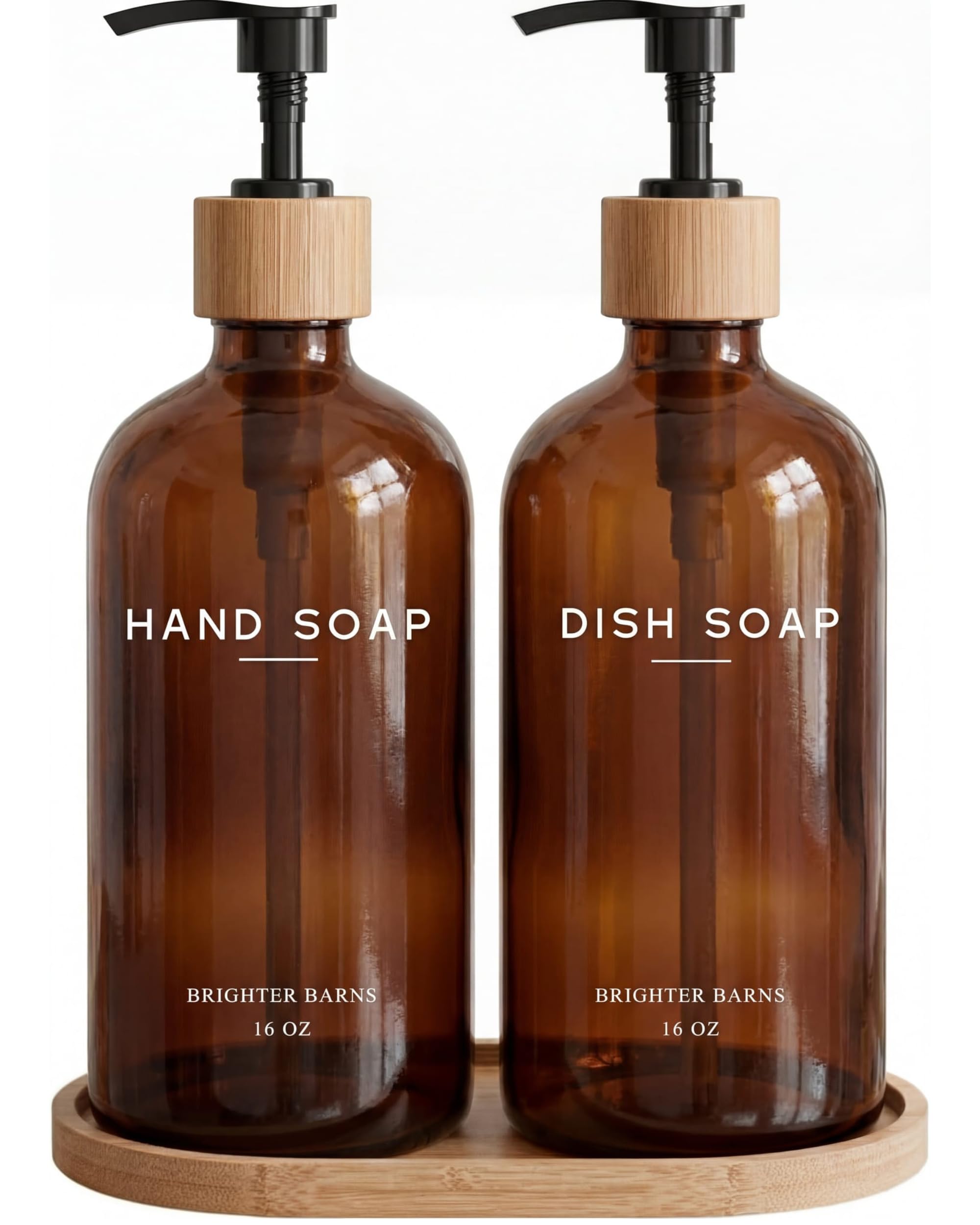 Brighter Barns - Dispenser di sapone per mani e piatti, in vetro ambrato, set con vassoio, bottiglie a pompa in bambù per lavello della cucina, decorazione moderna per la casa, decorazione neutra per