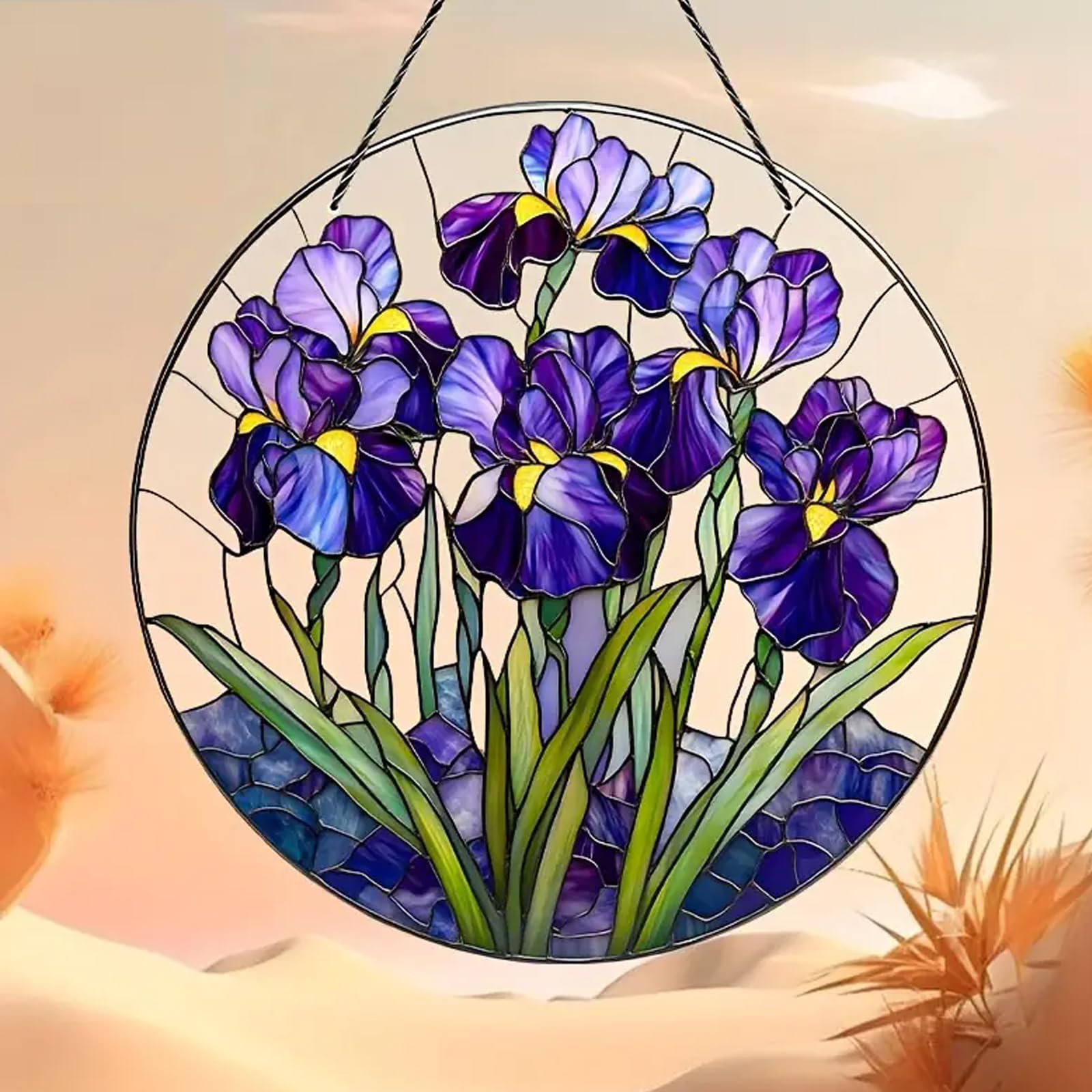 Yeyert Multi-Colored Bohemian Iris Flower Leaf Stained Windows Hanging Suncatcher,Flower Stained Glass Suncatchers Window Ornament Stained Glass Panel Sun Catcher Wall Hanging Decor Birthday Gifts