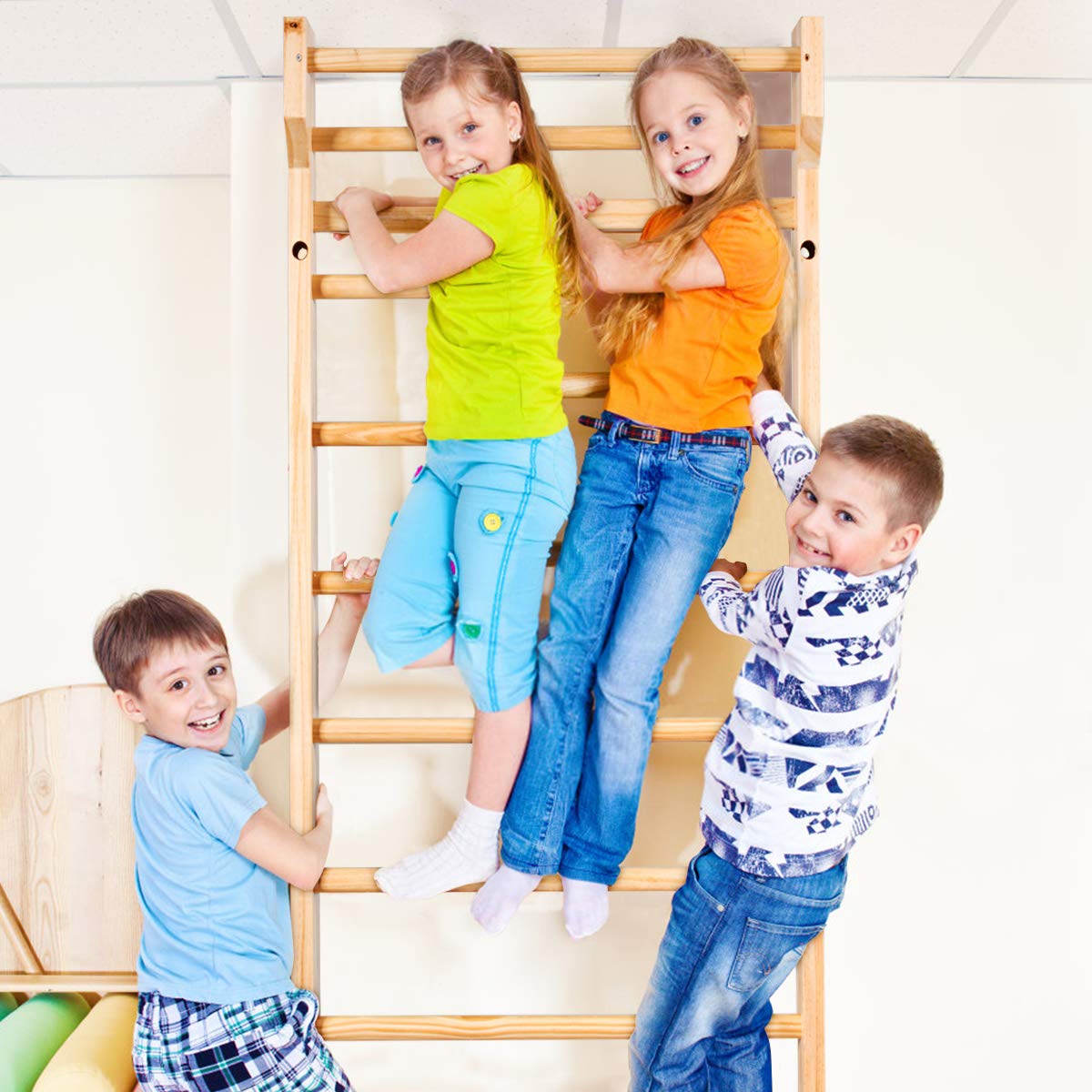 COSTWAY Escalera Sueca Barras de Pared 195x81x14cm Madera Espaldera para Gimnasio Fitness Casa Deportiva Carga hasta 150 kg，Incluye 4 Anclajes de la Pared