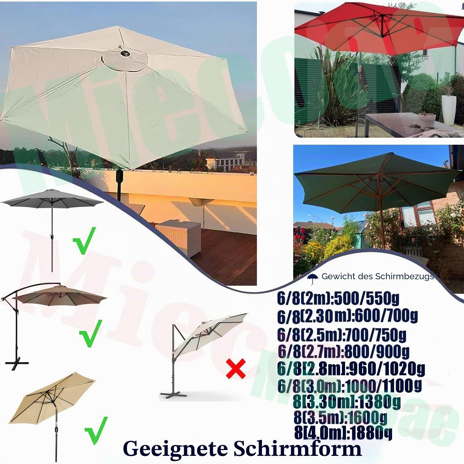 Sonnenschirm Ersatzbezug 3.0m/4m/3.5m/2.7m/2.8m/3.30m 8 Streben/6 Streben, Sonnenschirm Windfest Stabil Strand Terrasse Garten Sonnenschirm Ersatzteile(Dunkelgrau,8 Ribs 4.0m)
