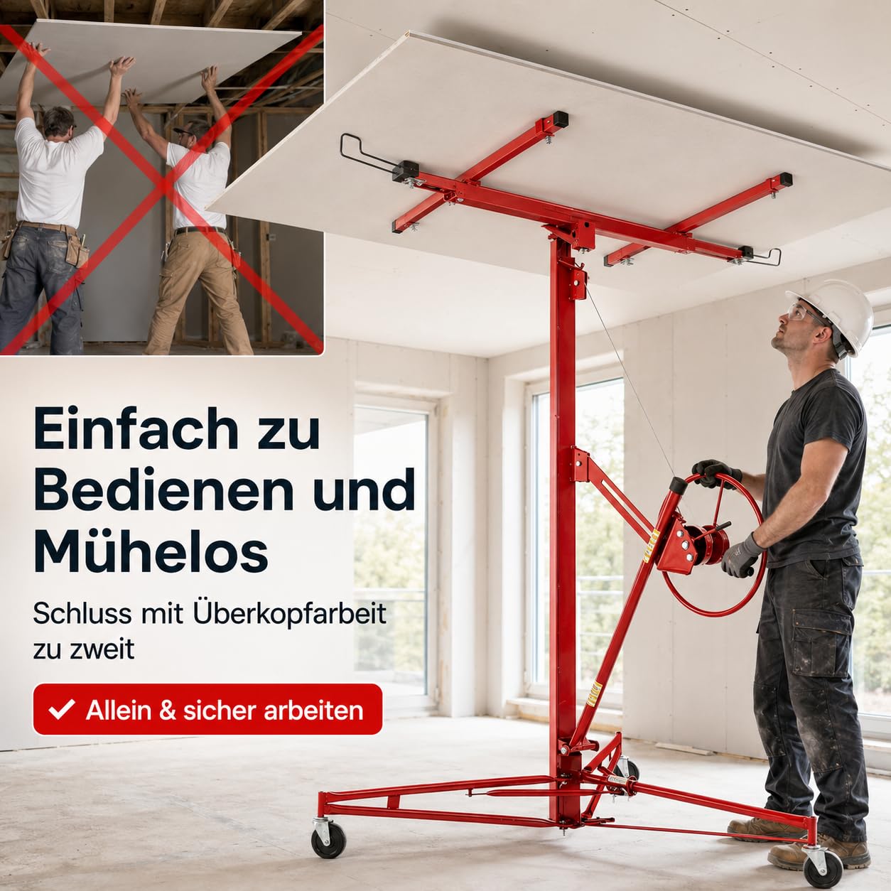 Gipskartonheber Teleskop, Plattenheber höhenverstellbar 140-350cm, 60° neigbar, bis 68kg/150lbs, 3 Lenkrollen, Deckenlift für Trockenbau, Rot
