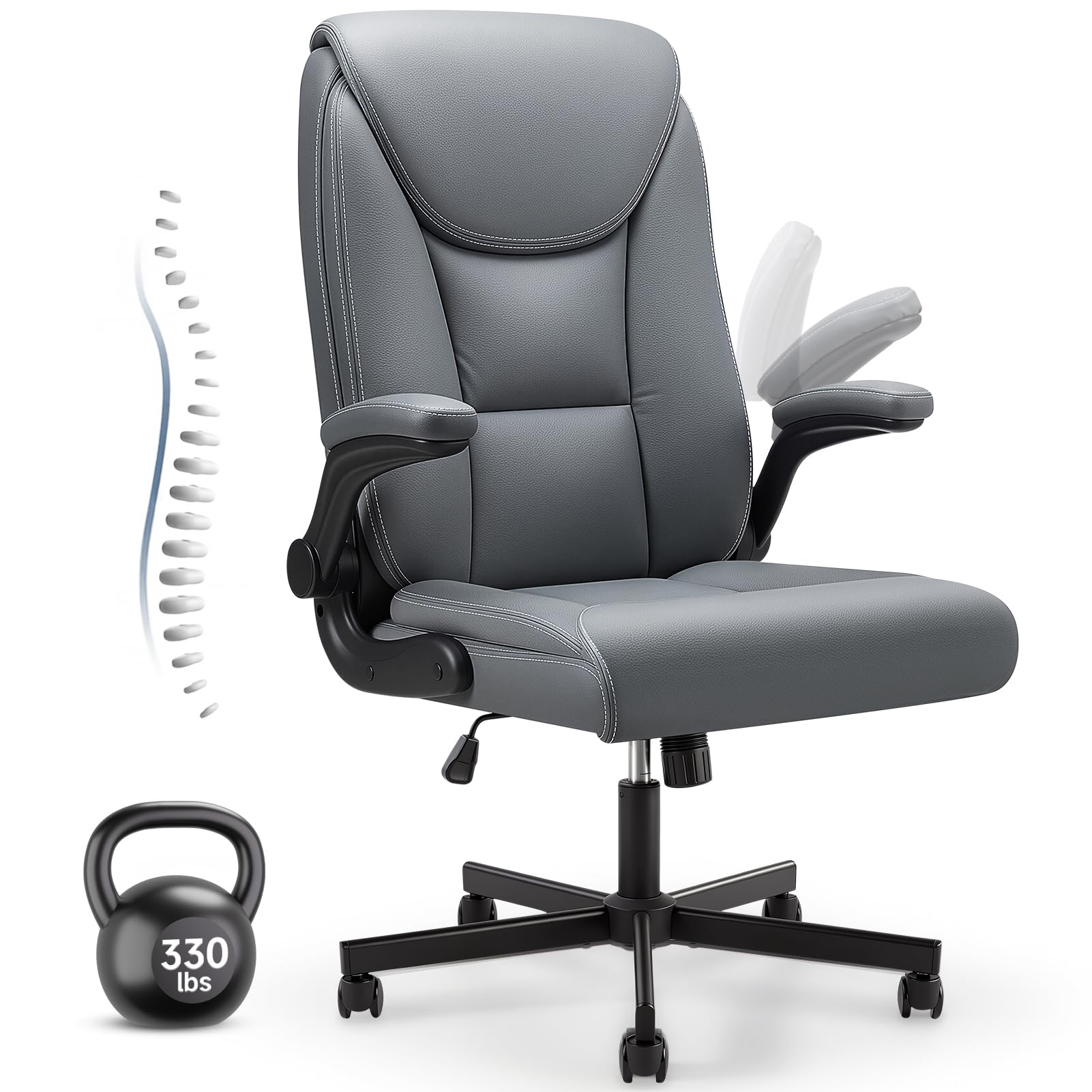 Warmiehomy Executive Office Chair, Desk Chair with Flip 90° Armrests Grey