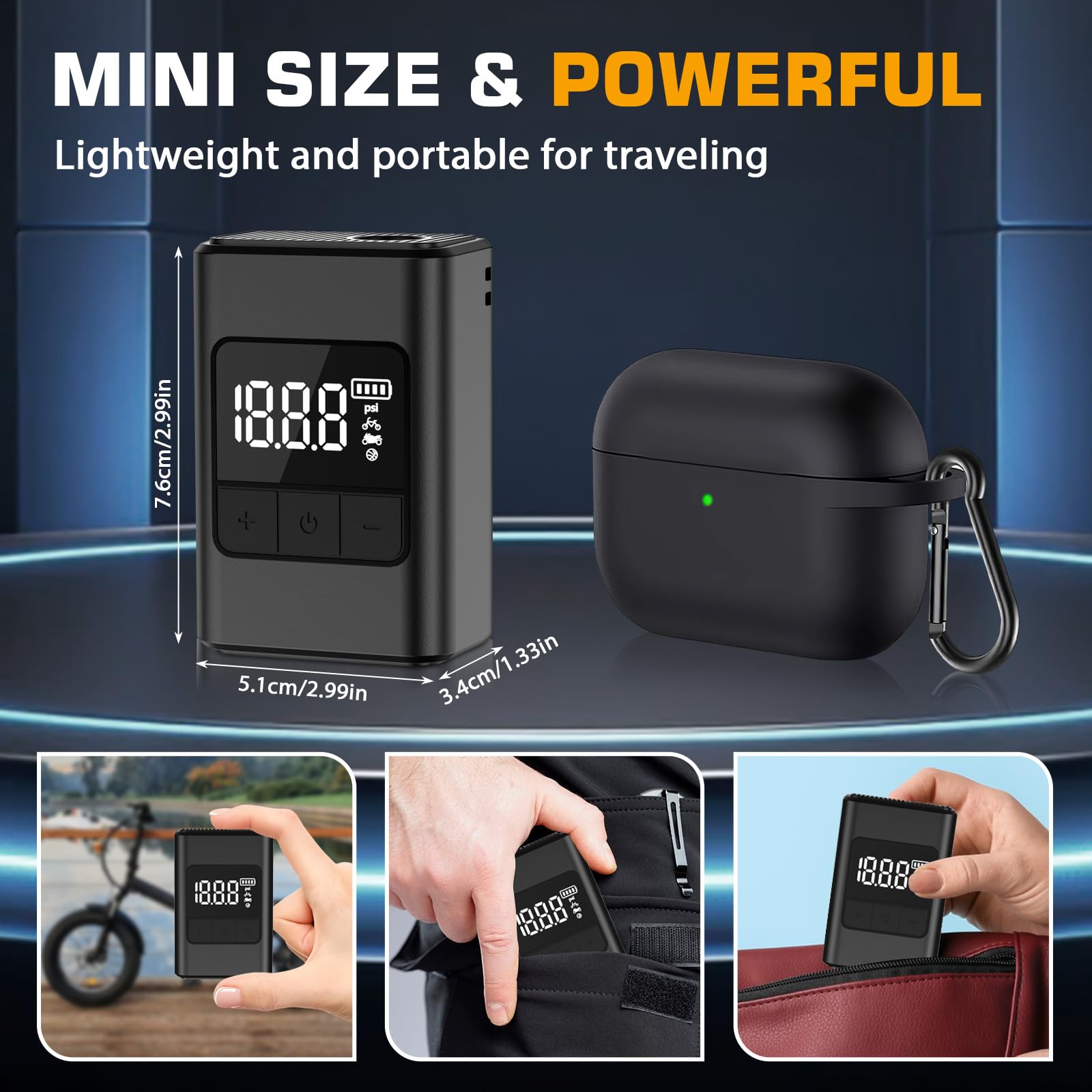Pompe à Vélo Electrique Mini Pompe Portable avec Manometre LED Max 120 PSI avec Fonction d'arrêt Automatique du Gonflage Valves Presta et Schrader Idéale Vélos Ville VTT Velo Electrique Route et Moto