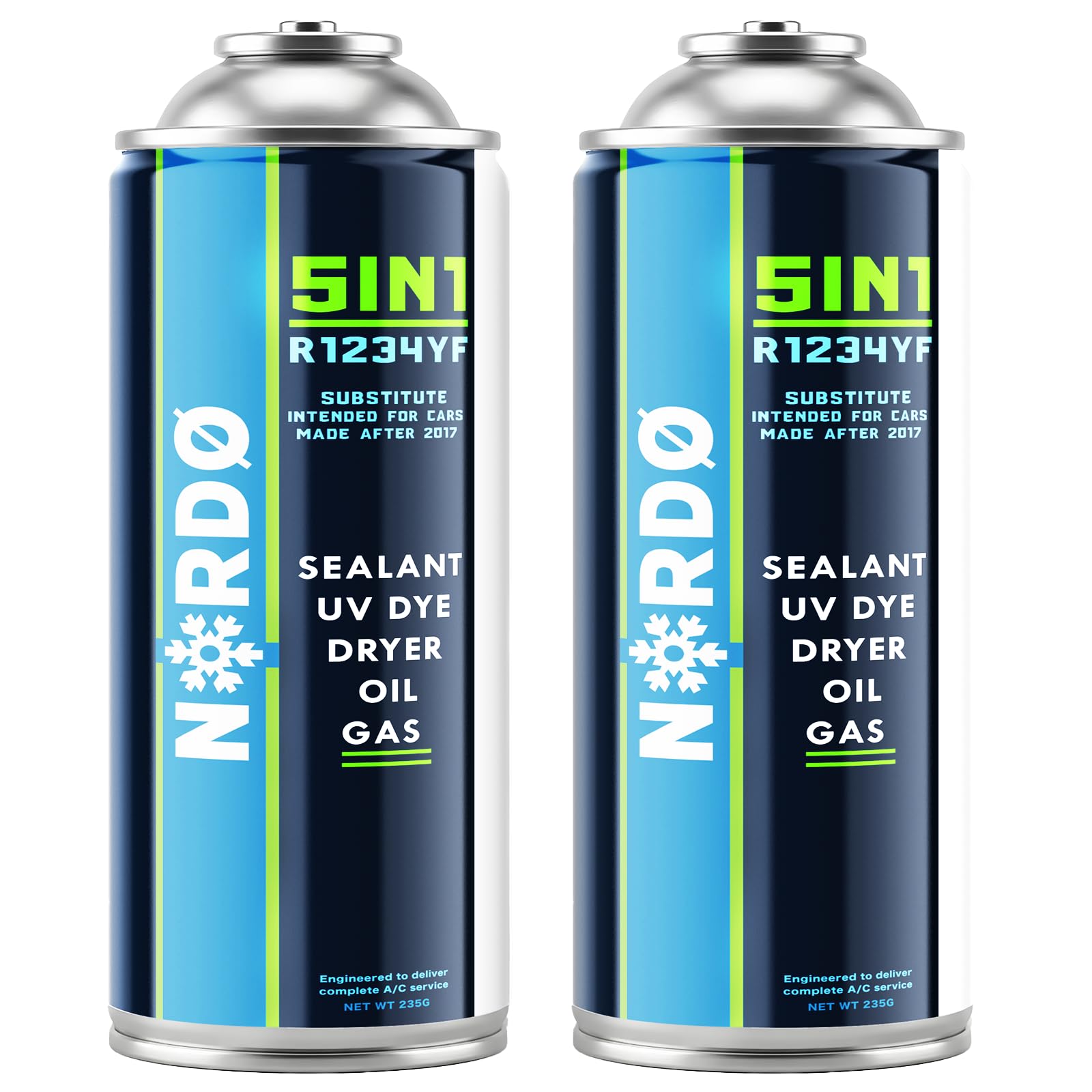Nordo 5-en-1 – 2X Réfrigérant R1234yf pour Climatisation Auto avec Huile, Stop-Fuite, Traceur UV Et Déshydratant – Application Rapide – Protège Le Compresseur – 235 g Chaque Boîte