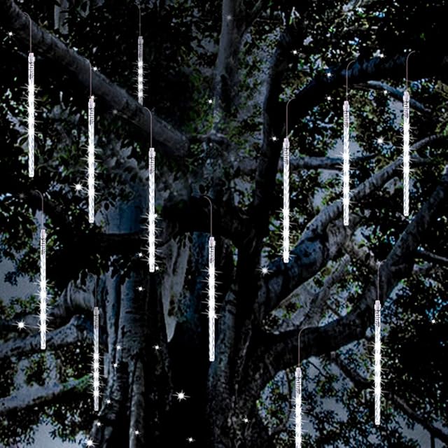 Vikdio Meteor Shower Rain Lights, 30cm 16 Spiral Tubes 480 LEDs 5.25m Lit Length Waterproof Snowfall LED Lights for Wedding Christmas Garden Tree Home Decor, Support 2 Sets Connected (White)