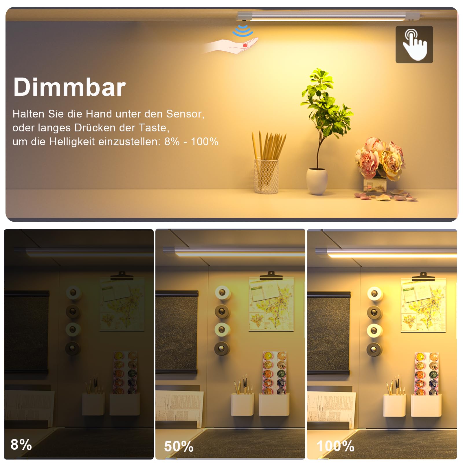 WOBANE 60cm Unterbauleuchte LED Dimmbar,5 Lichtfarben,Heller LED Lichtleiste mit Berührungsloser Sensor,LED küchenbeleuchtung unterbau,Unterschrank Beleuchtung für Regale,Werkbank