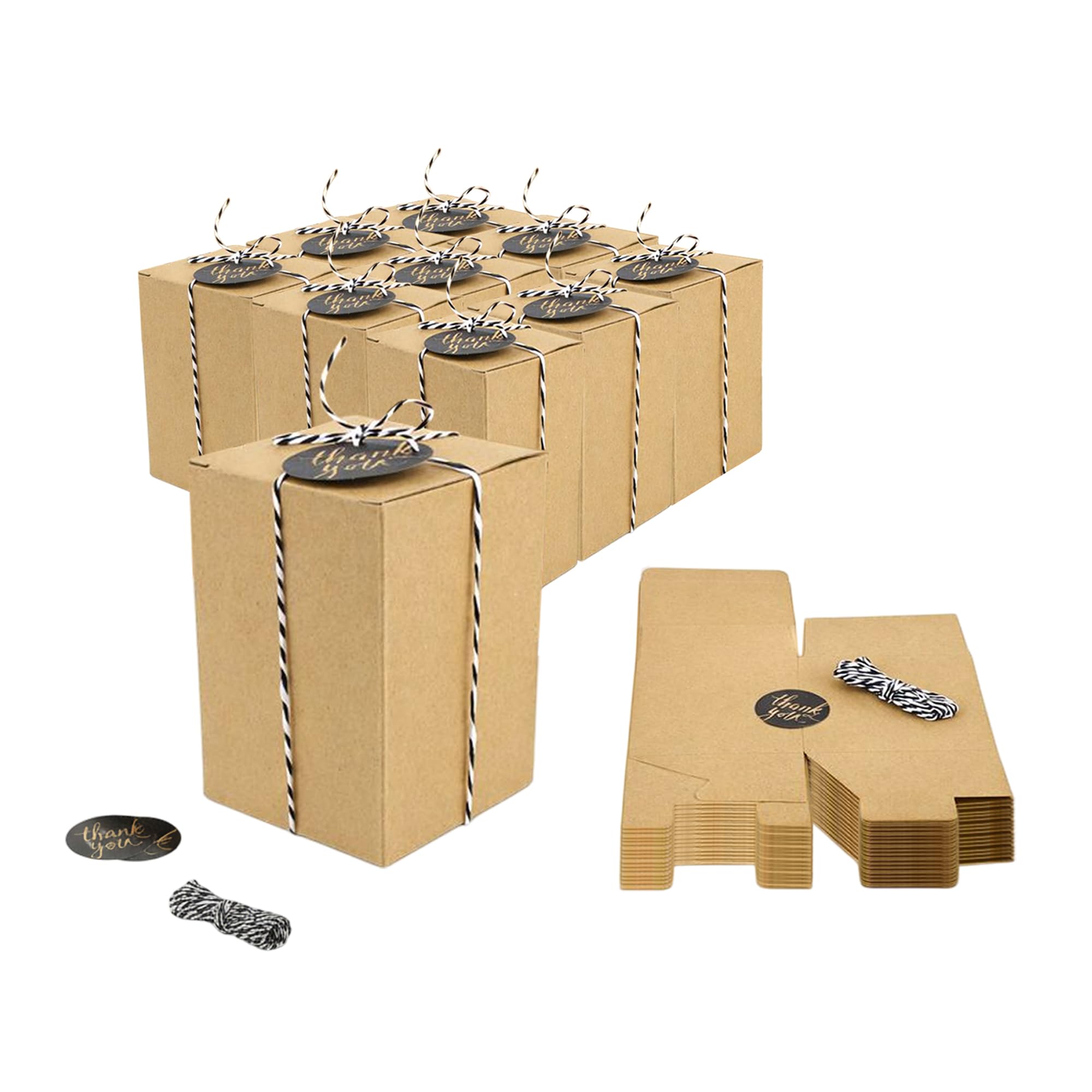 Emartbuy Scatola regalo in carta kraft naturale, 11 x 11 x 12 cm, scatola marrone per caramelle, biscotti, con cordino ed etichetta, confezione da 36