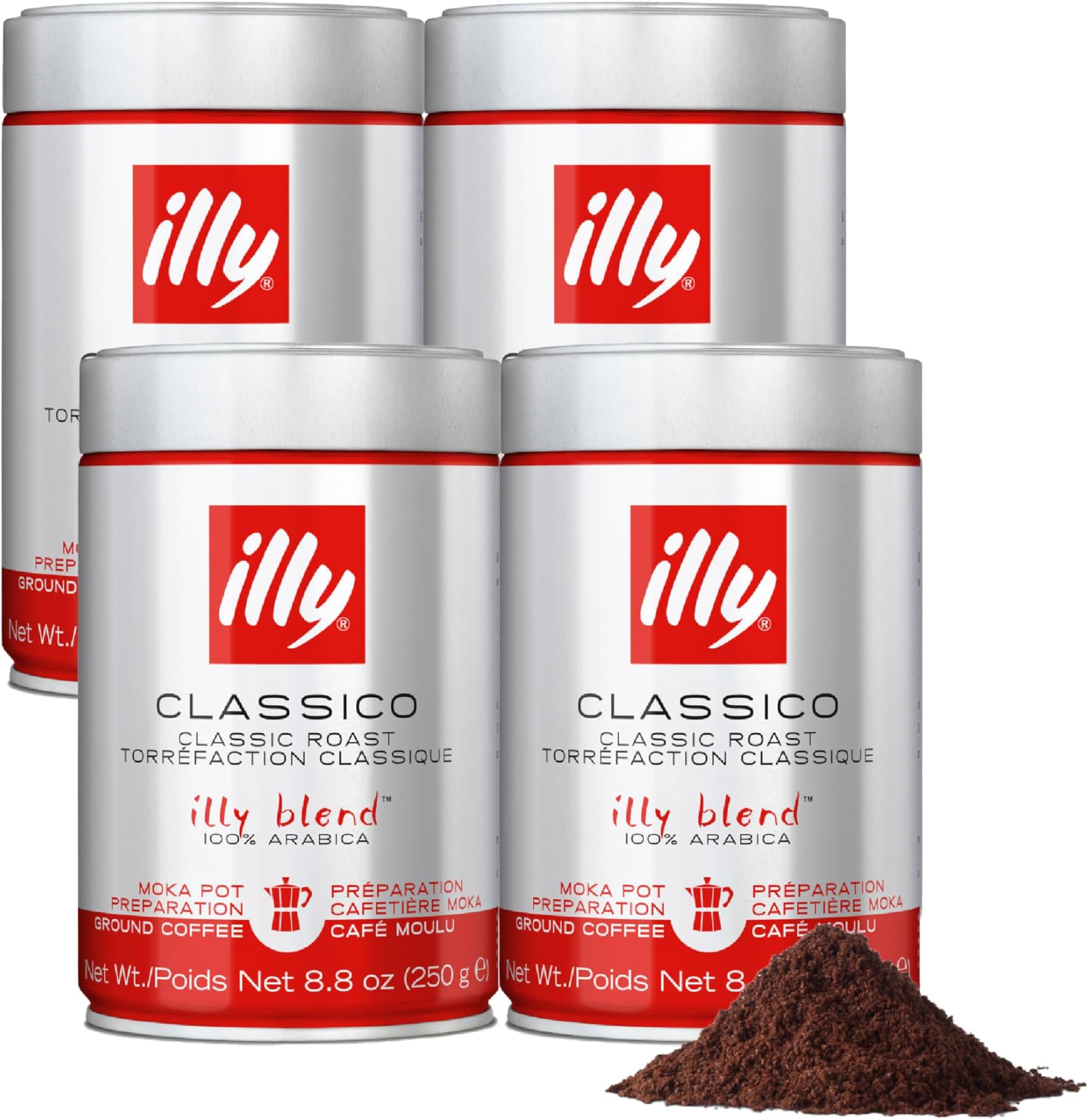 Illy Ground Moka Coffee - Classico Medium Roast - Mild & Balanced - 100% Arabica - Pre-Ground for Moka Pot - Pressurized Packaging Sealed for Freshness - 8.8oz - (Pack of 4)