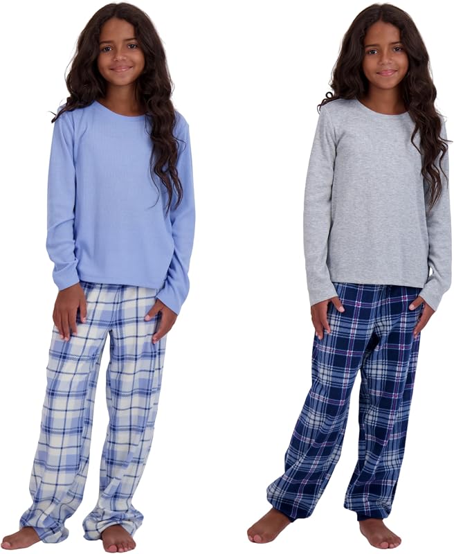US Angels Girl's Pajama Sets, 4-Piece Pajamas for Girls - Long Sleeve Shirt, Plaid Microfleece Pants
