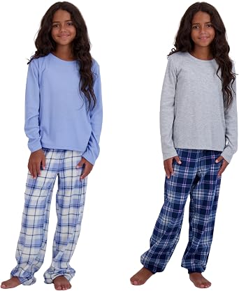 US Angels Girls Pajama Sets, 4-Piece Pajamas for Girls - Long Sleeve Shirt, Plaid Microfleece Pants
